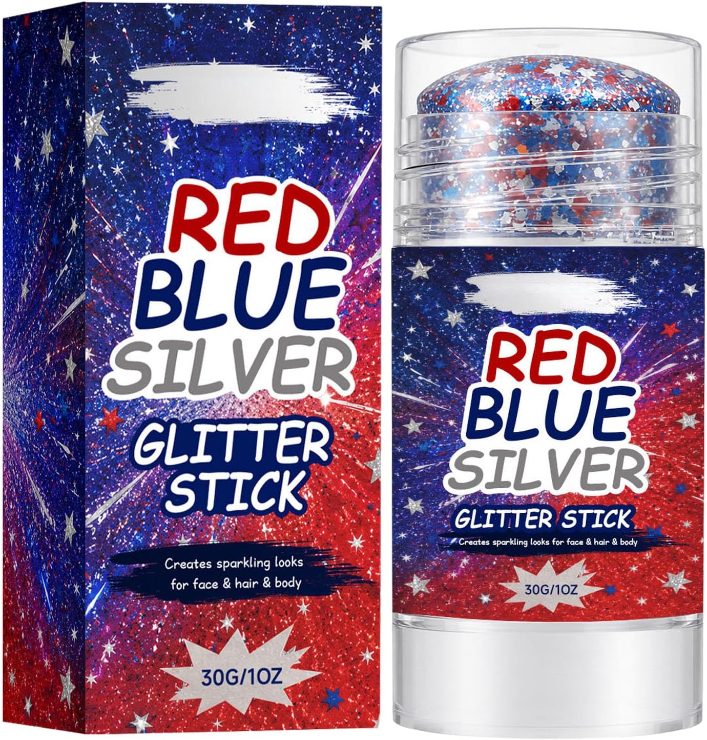 Red White Blue Hair Glitter Stick | Face & Body Paint for Fourth of July Makeup & Decorations