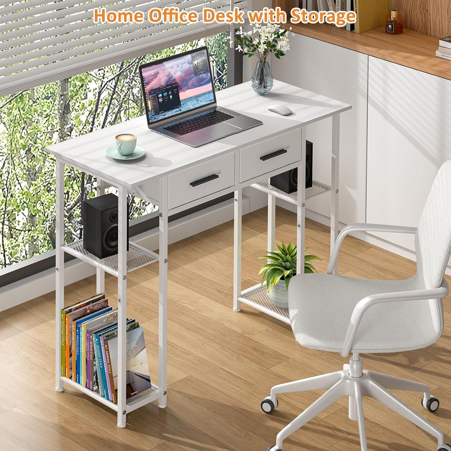 White Computer Desk with Drawers - 37.3 Inch Home Office Workstation | Compact Study Table for Small Spaces