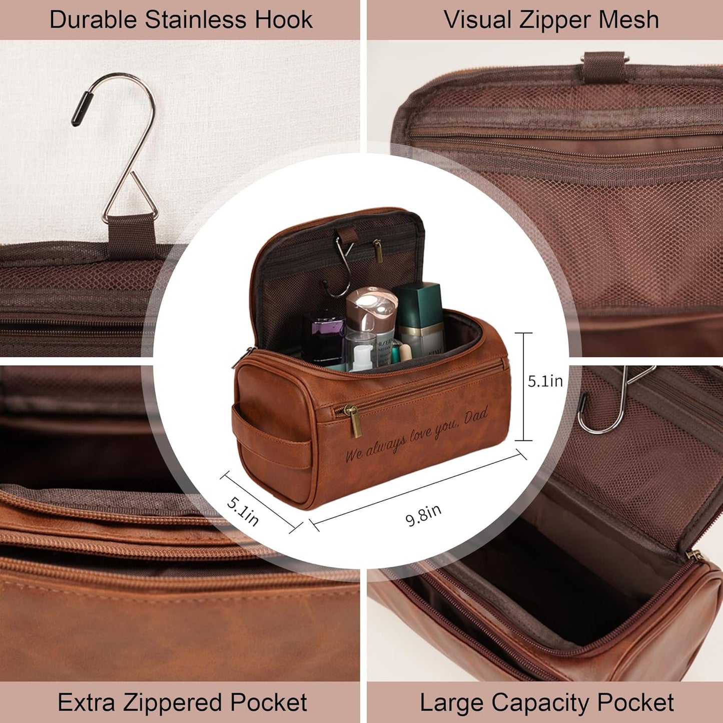 Personalized Leather Toiletry Bag for Men - Custom Engraved Gift | Ideal for Travel, Fathers Day, Husband, Boyfriend