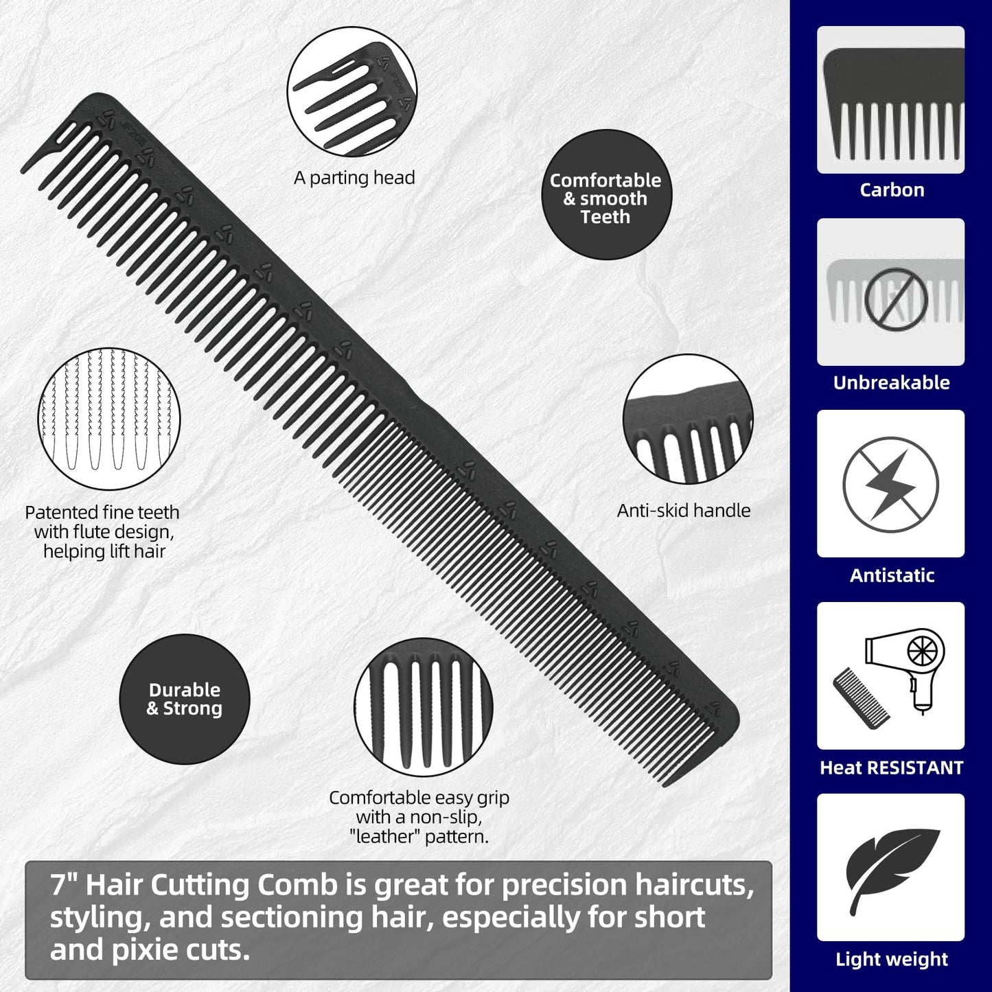 PERFEHAIR 2-Pack Professional Round Tooth Hair Cutting Comb, Black Carbon Fiber Anti-Static & Heat Resistant, Durable Barber Combs with Fine & Wide Tooth for Precise Haircut for Men & Women