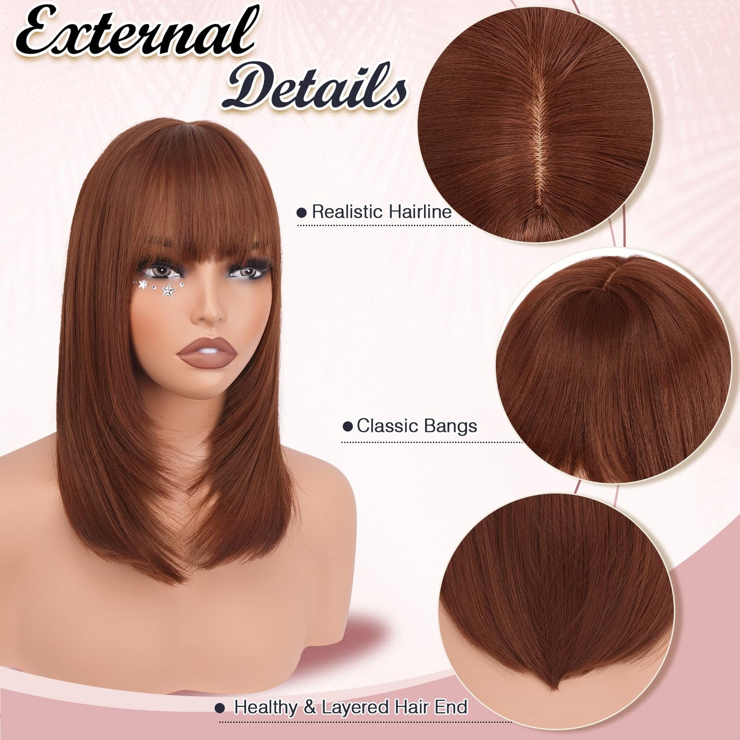 Haloo Auburn Bob Wigs with Bangs Shoulder Length Straight Natural Looking Synthetic Heat Resistant Medium Hair Wigs for Women Daily Party, 16 Inch