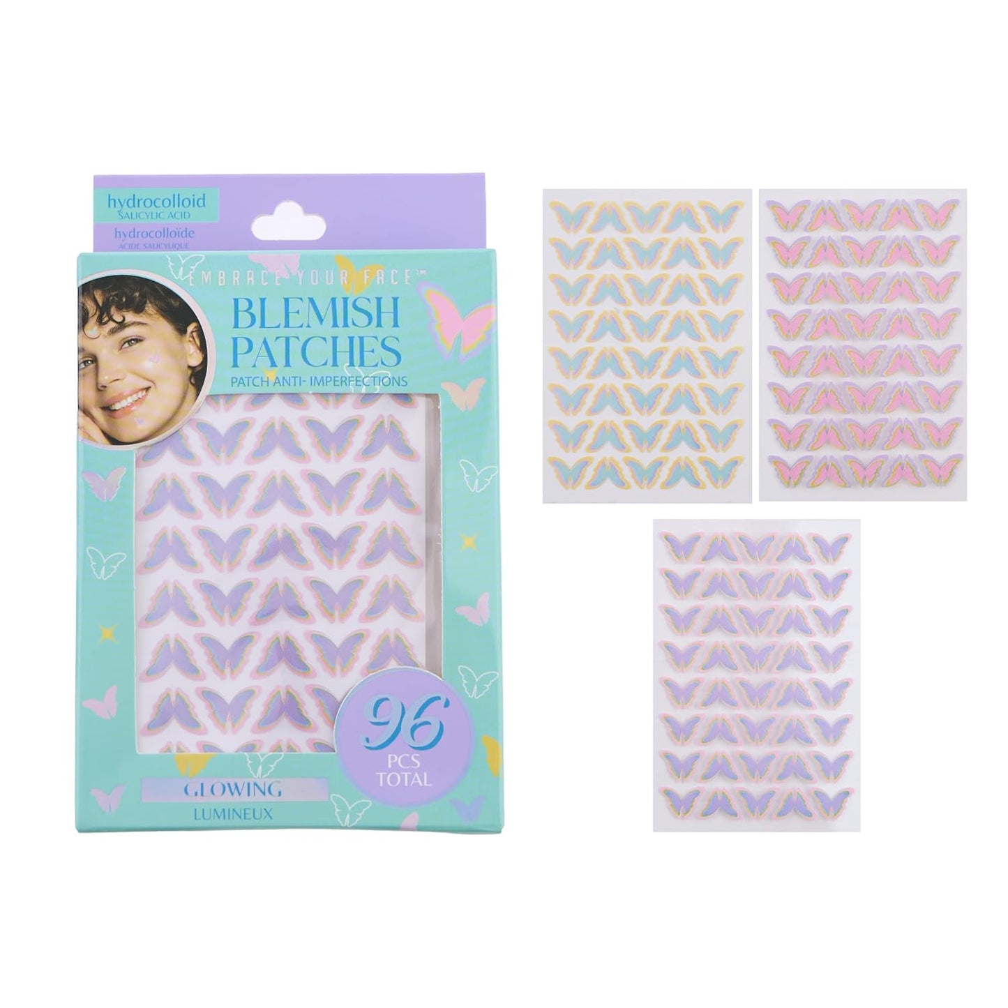 Hydrocolloid Pimple Patches - 96pc Blemish Patch Set with Salicylic Acid | Cute Butterfly Designs in Pink, Purple & Teal for Kids & Teens