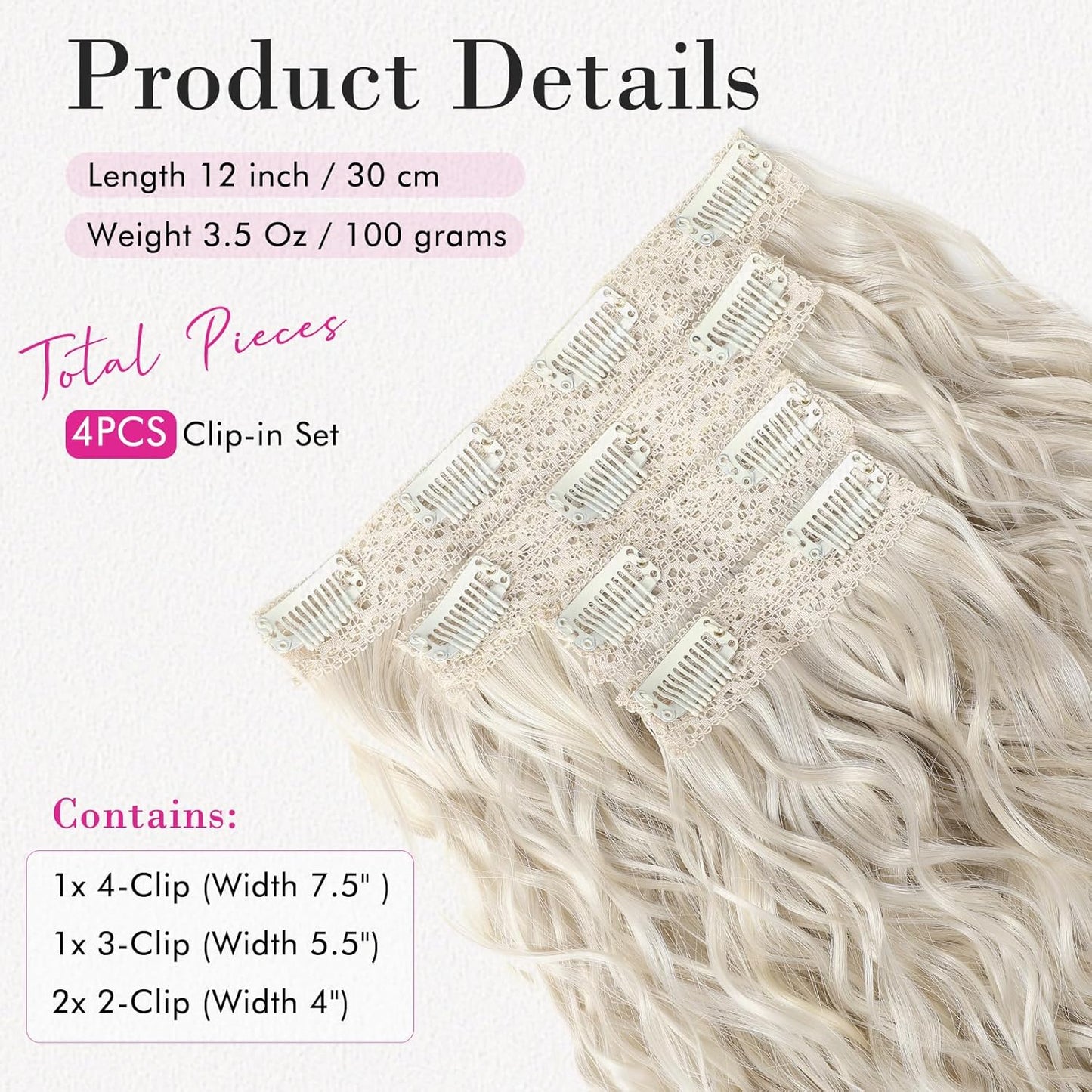 Clip-In Hair Extensions - 12" Short Curly Wavy Platinum Blonde | Invisible Lace Weft, Natural Soft Hairpieces for Women