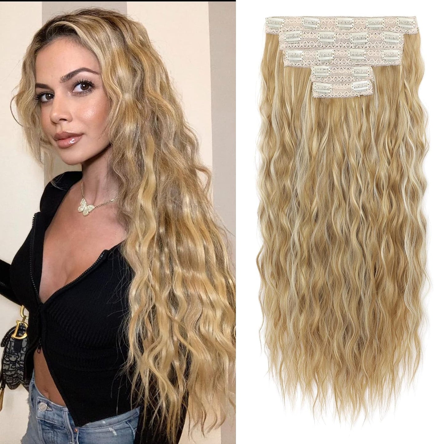 Clip In Hair Extensions - 24" Thick Long Loose Waves | Invisible Lace Weft, Natural Soft Hairpieces - Chocolate Brown with Blonde Highlights