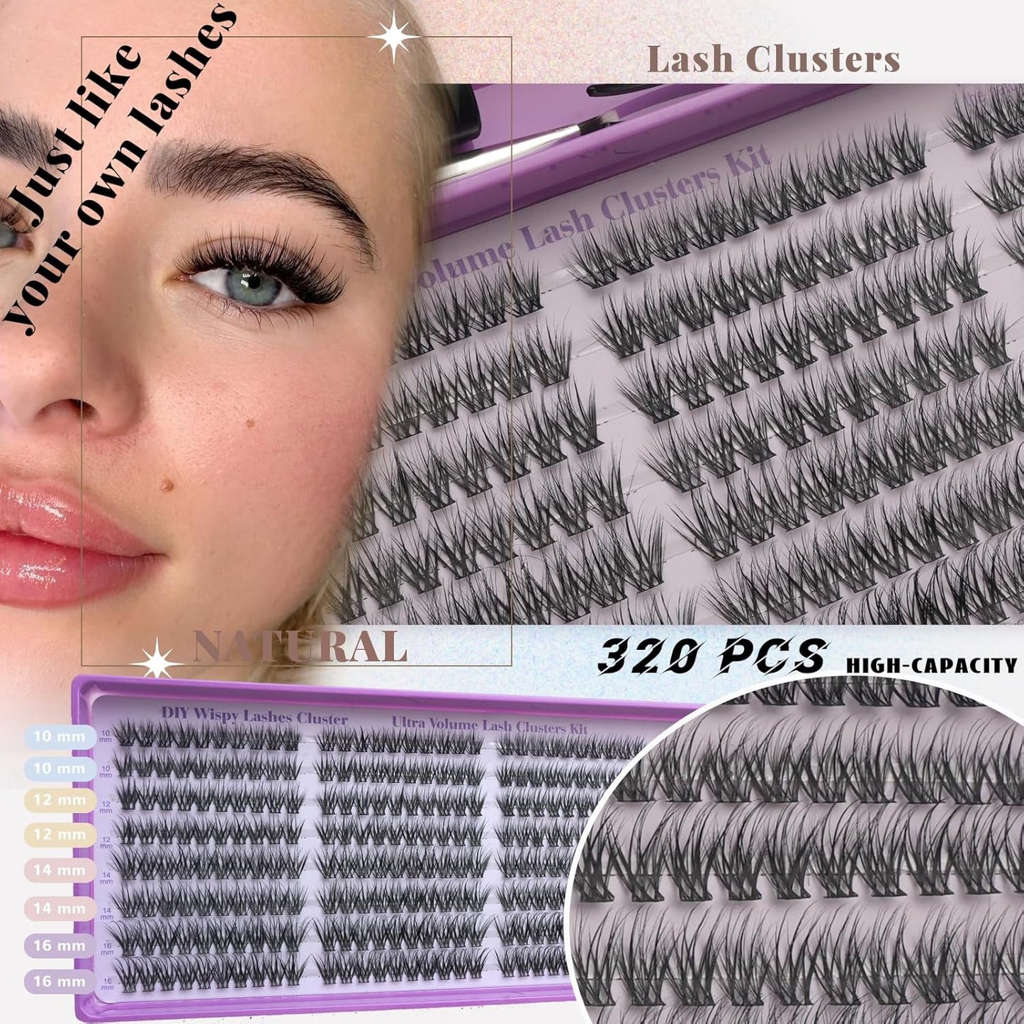 Natural Lash Cluster Eyelash Extensions Kit - 320 Pcs C Curl 10-16mm Fluffy False Lashes | DIY Beginner-Friendly Set with Bond Seal, Remover & Tweezers