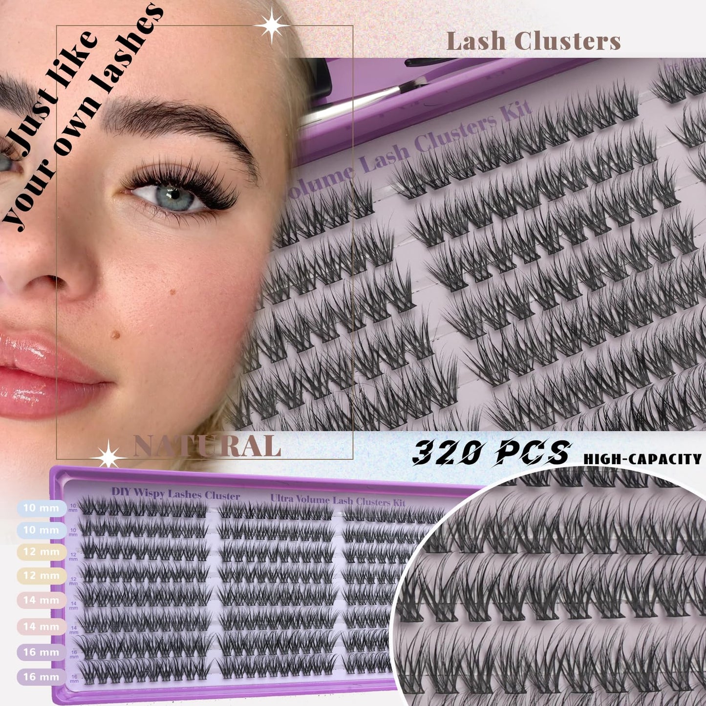 Wispy Lash Clusters, Natural Lash Cluster Eyelash Extensions 320 Pcs C Curl 10-16mm Individual Fluffy False Eyelashes Thin Band DIY for Beginners at Home