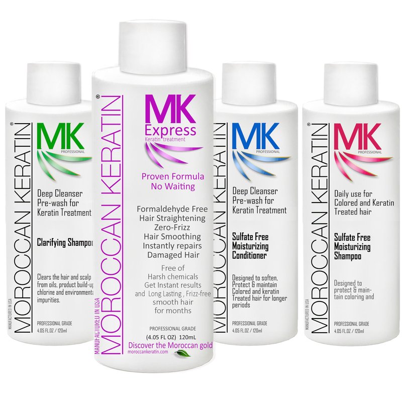 Moroccan Keratin Express Formaldehyde-Free Brazilian Keratin Hair Treatment Kit Blowout Straightening No Wait Formula Natural Organic Results with Shampoos and Conditioner Keratina Para Alisar El Pelo