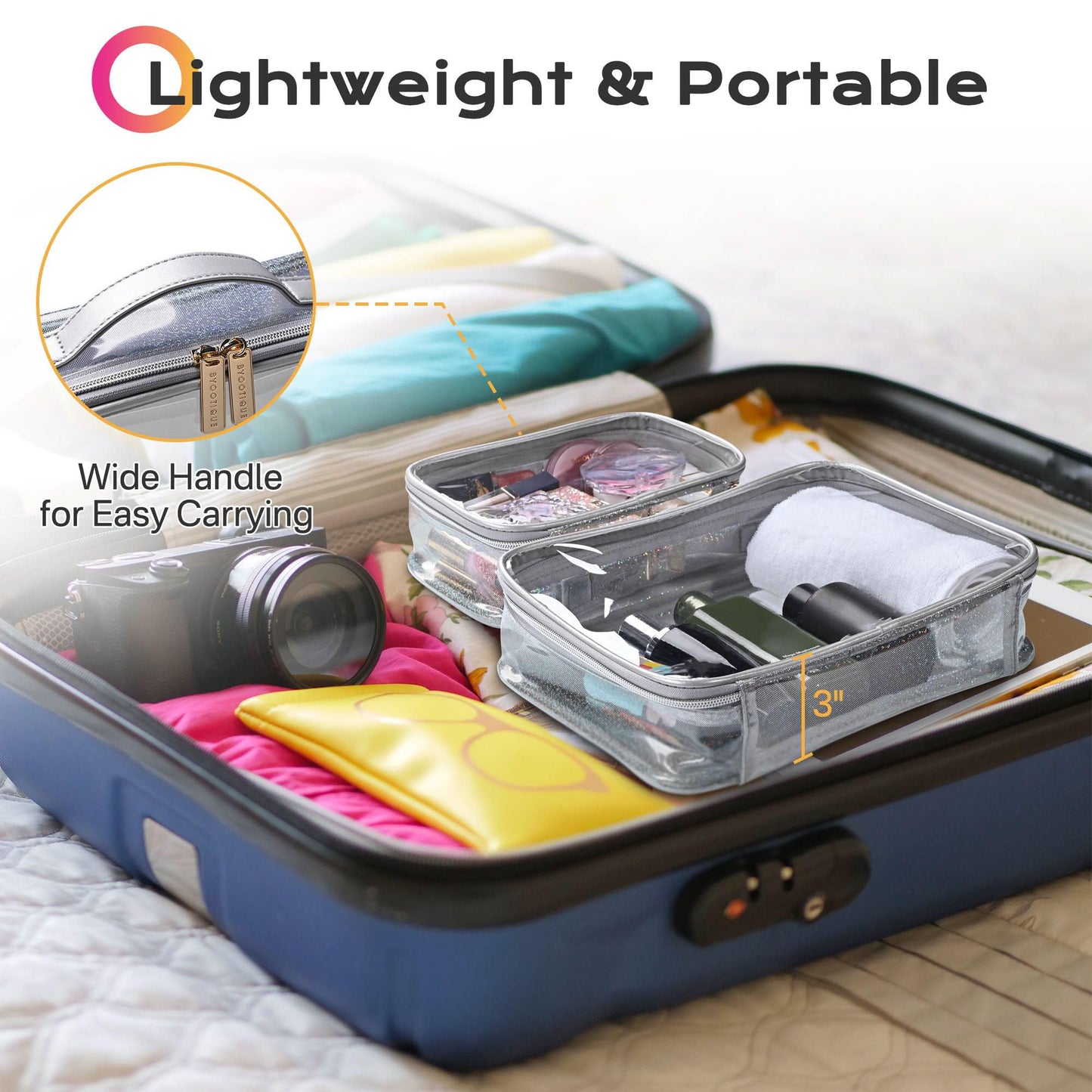 BYOOTIQUE 4in1 Rolling Makeup Train Case with 2 PCS Clear Cosmetic Toiletry Bag for Makeup Artist, CB Shadows