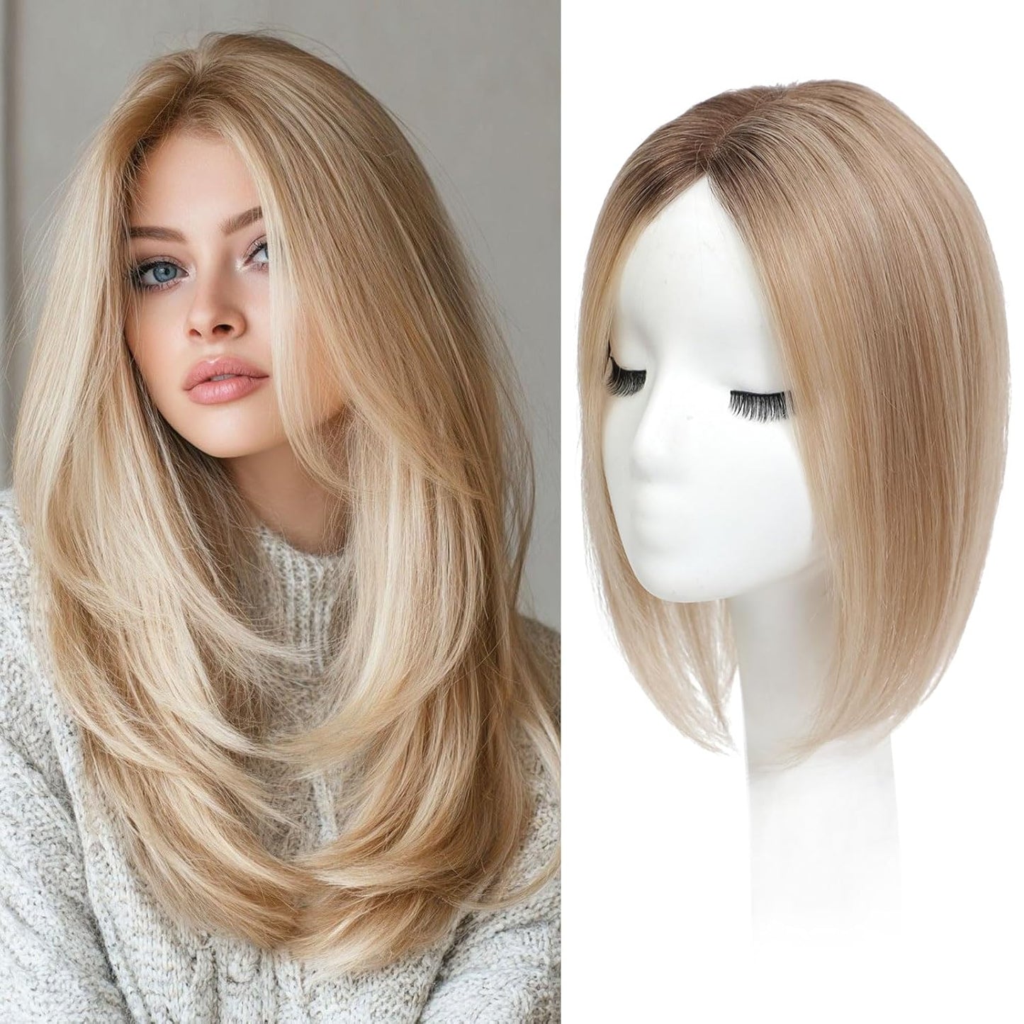 Real Human Hair Toppers for Women - 12 Inch Thinning Hairpieces | Dark Brown Color