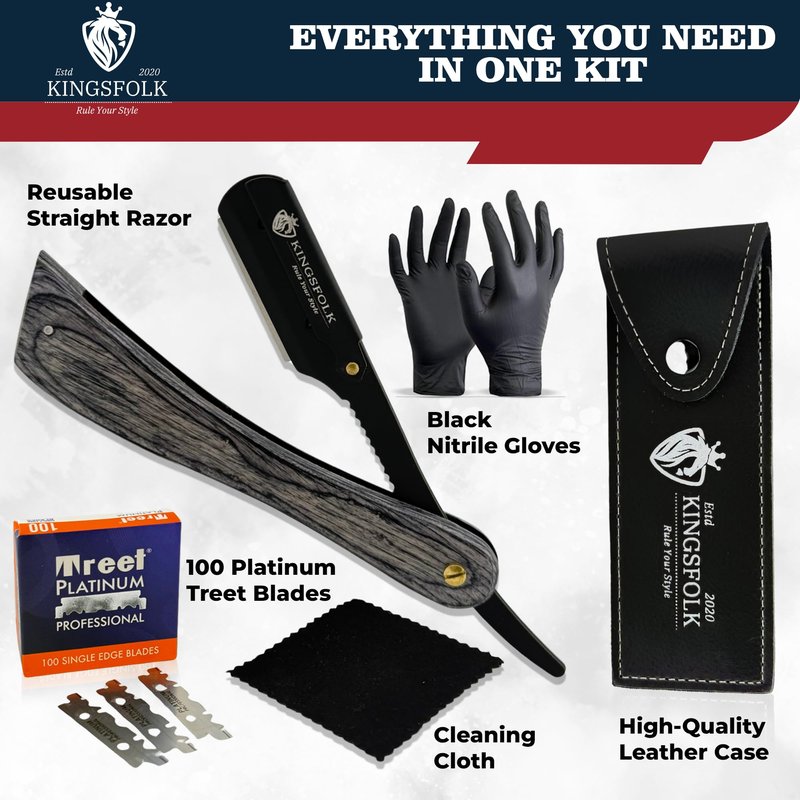 Kingsfolk Professional Straight Razor Kit for Men – Wooden Handle Razor with 100 Platinum Blades, Leather Case, Nitrile Gloves & Cleaning Cloth – Barber Grade Wet Shave Set