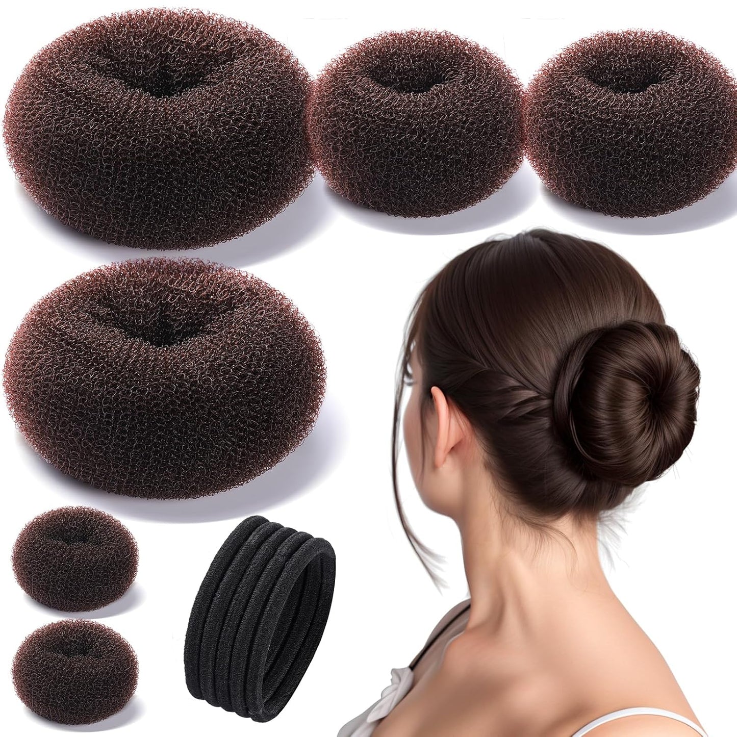 Donut Hair Bun Maker Set - Hair Bun Shaper with 3 Sizes & 5 Elastic Bands | Dark Brown Hair Accessories for Girls