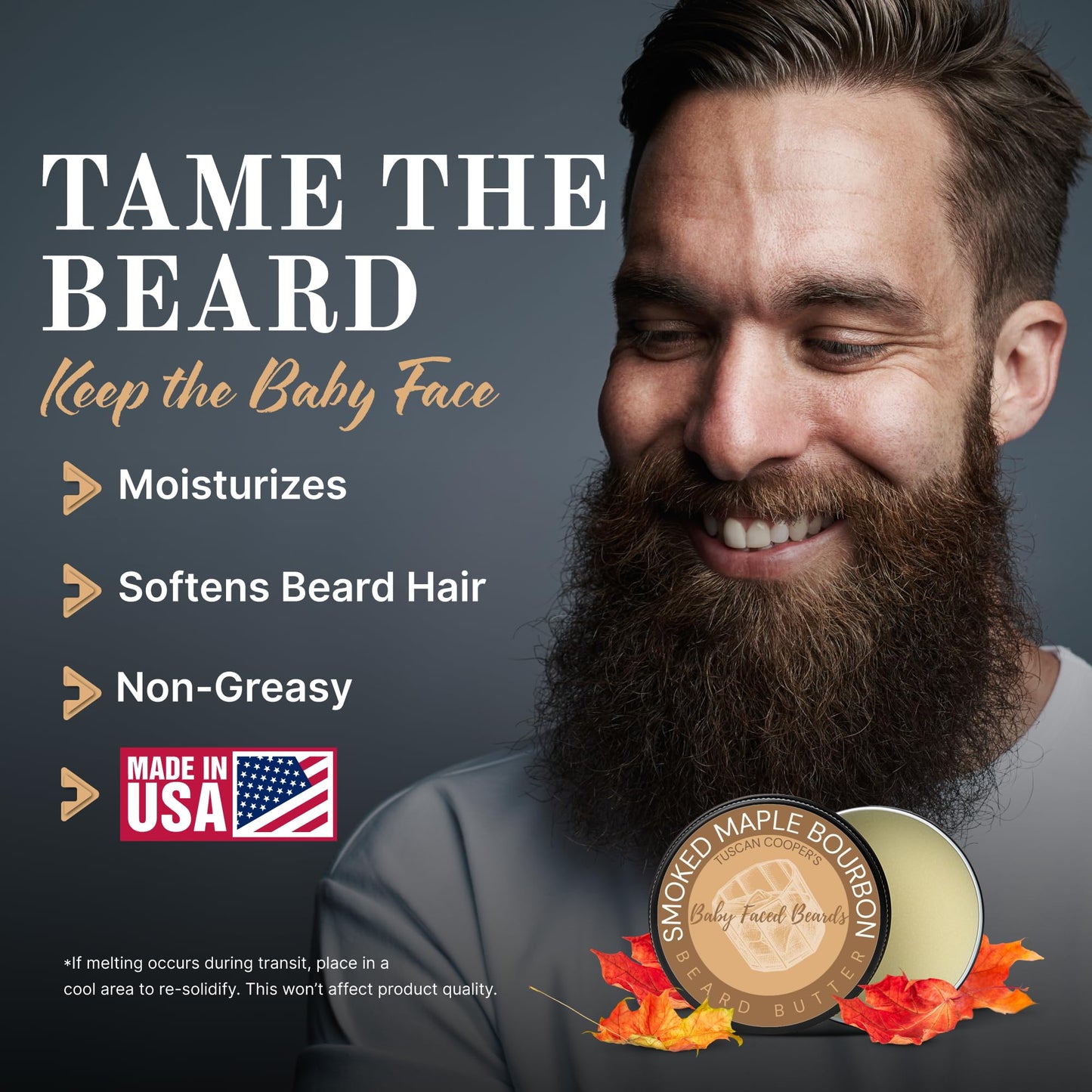 Tuscan Cooper's Baby Faced Beards Butter for Men - Moisturizing Beard Balm Cream and Softener for All Hair Types Including Coarse Hair - 4oz Hydration and Conditioning Care - Smoked Maple Bourbon