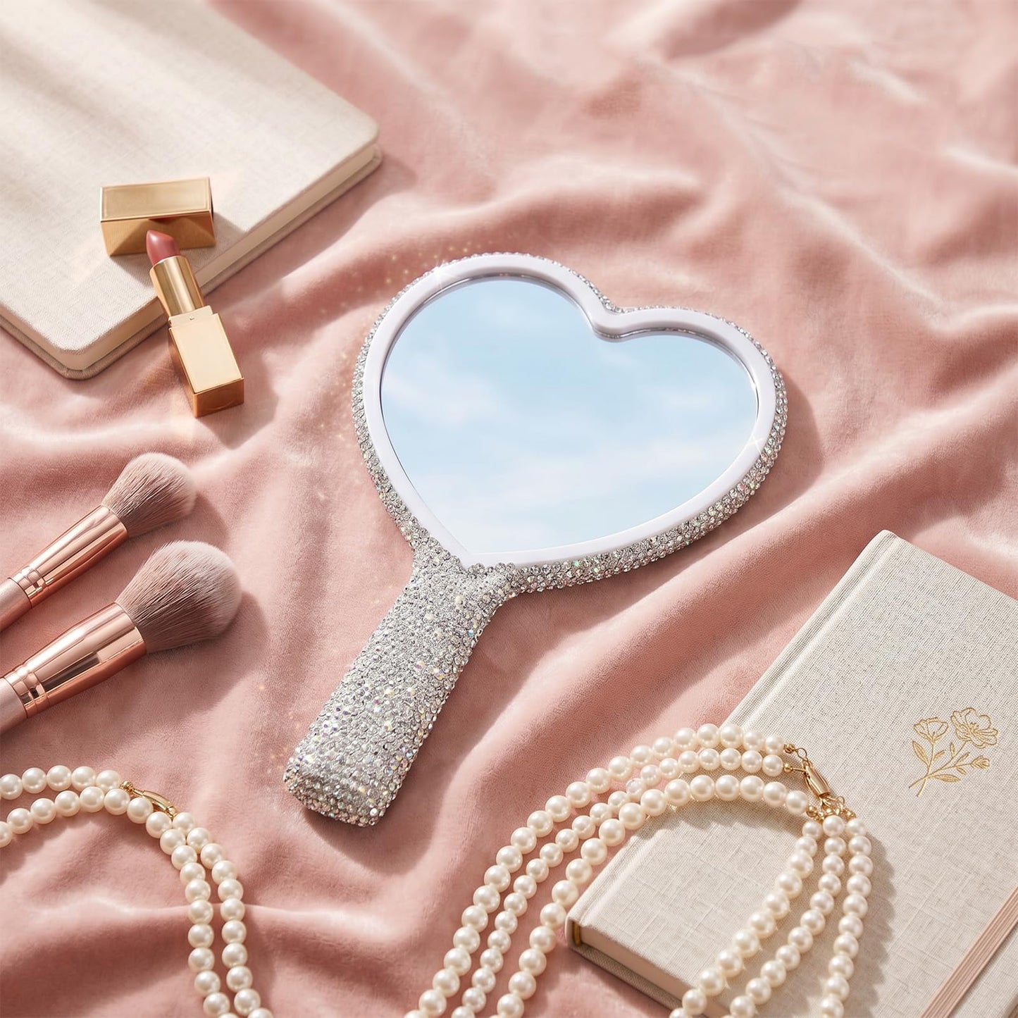 SULIKJHUI Rhinestone Handheld Mirror, Heart Shaped Glitter Cosmetic Mirror with Handle, Wedding & Makeup Accessories for Women, Silver White (6.3 Inch