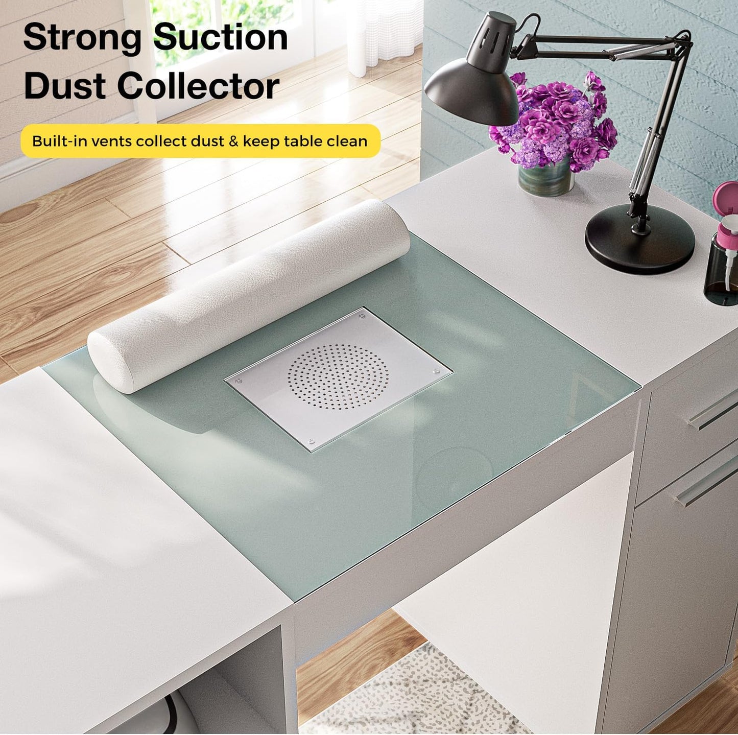 Nail Tech Manicure Table - Acetone Resistant Glass Top & Wrist Rest | White Workstation with Storage Drawers & 4 Dust Bags