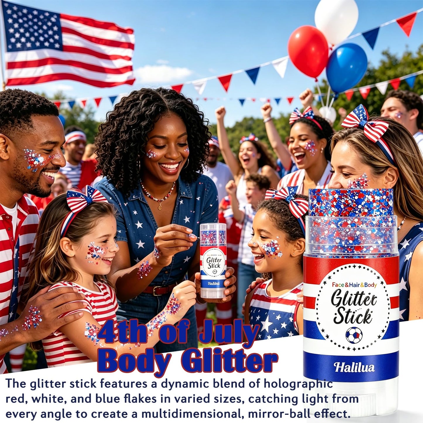 Patriotic 4th of July Body Glitter Stick,Sparkle Red White and Blue Hair Face Glitter for Independence Day 250 Anniversary Party,4th of July Outfits and Decorations for Women Kids, Memorial Day