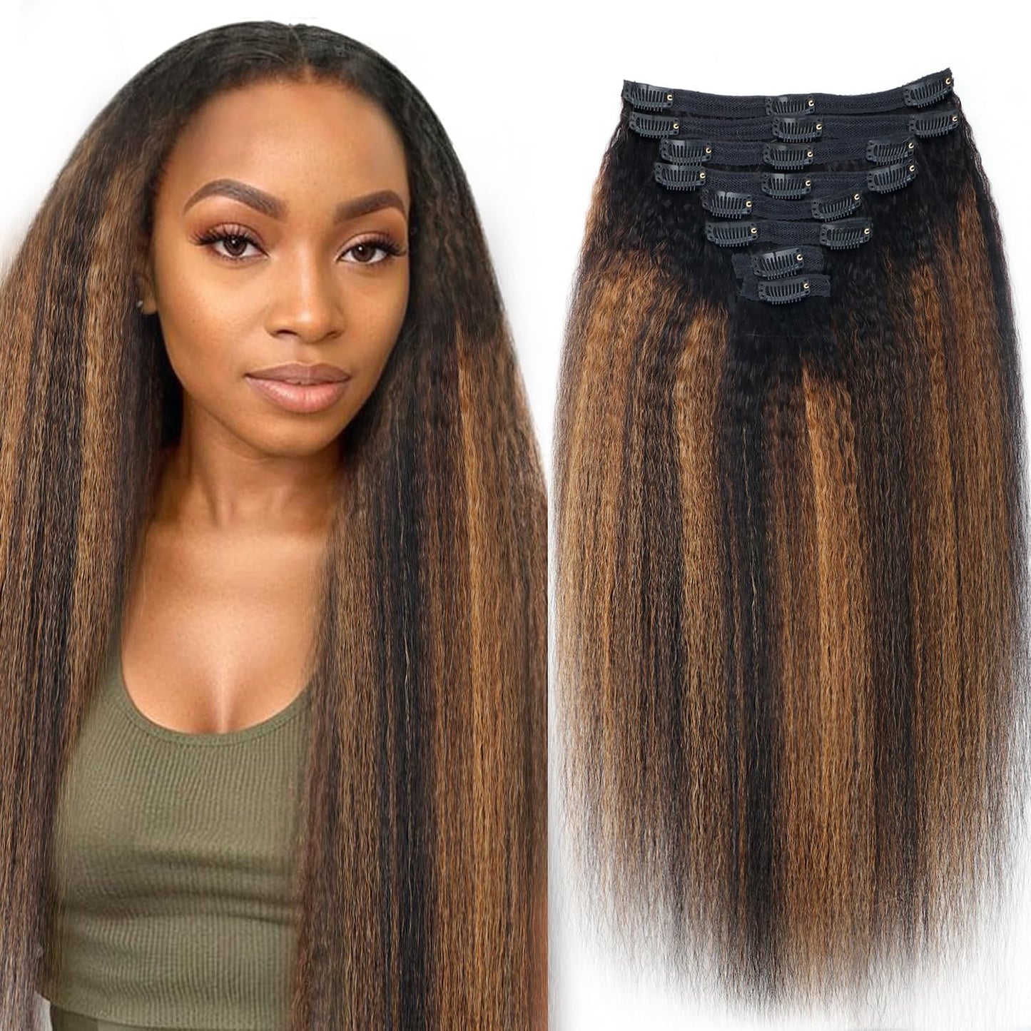 Mihugass Omber 18 Inch Kinky Straight Clip in Hair Extensions Real Human Highlight Clip ins For Women Unprocessed Clip on Hair Extensions(18inch,#T1BP1B/30)