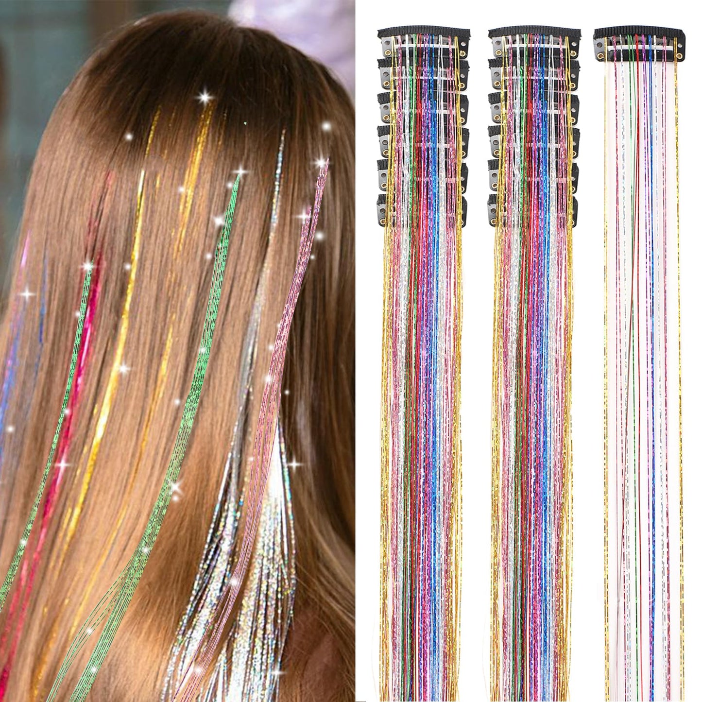 Hair Tinsel 12 Pcs Clip in Hair Tinsel Kit 20.5 Inch Glitter Shiny Sparkly Fairy Tinsel Hair Extensions Heat Resistant Party Festival Accessories for Women (Colorful)
