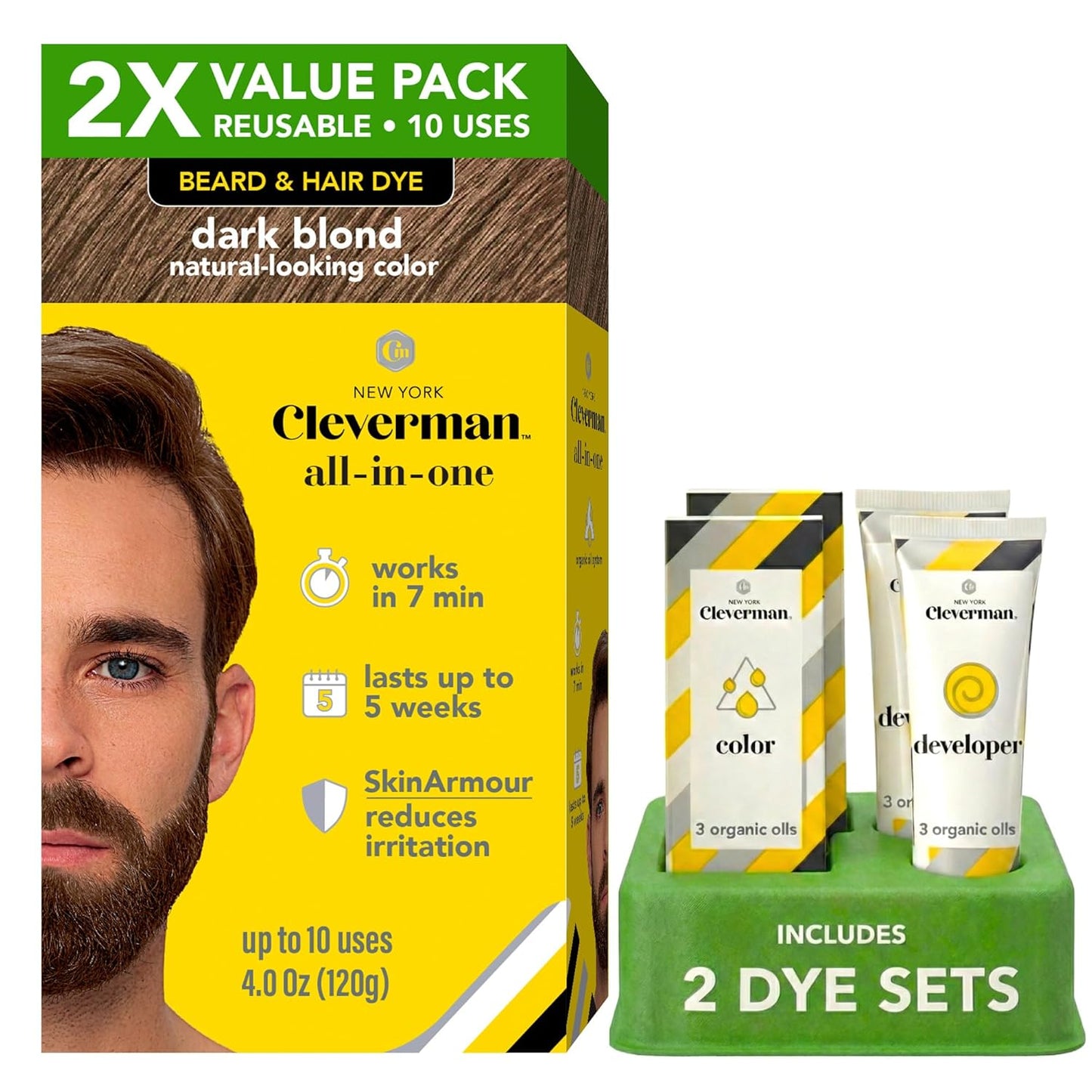 Reusable Hair & Beard Dye for Men - Medium Brown | Natural Gray Coverage, No-Drip Cream, Up to 5 Uses