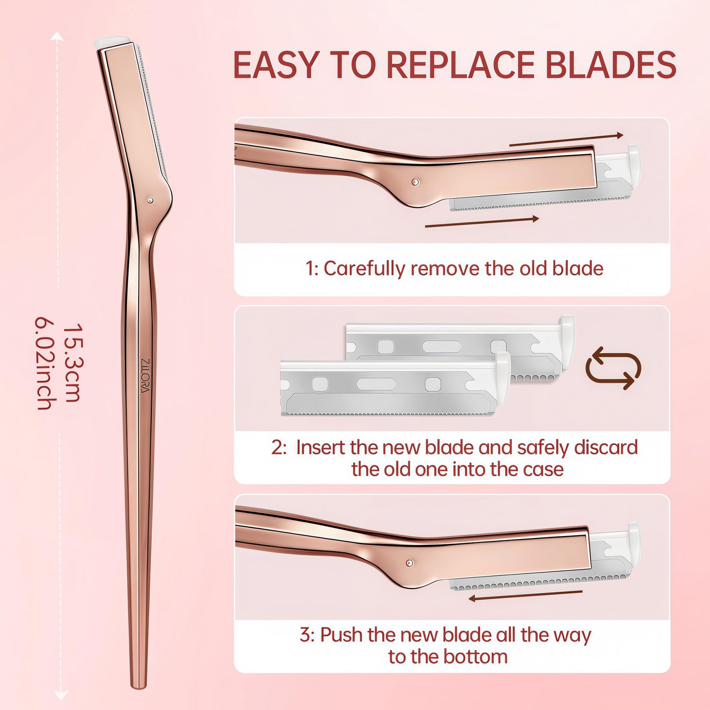 ZiLORA Metal Face Razor for Women, Dermaplaning Tool with 16 Replacement Blades (Wide & Micro), Facial Hair Remover & Eyebrow Trimmer, Rose Gold
