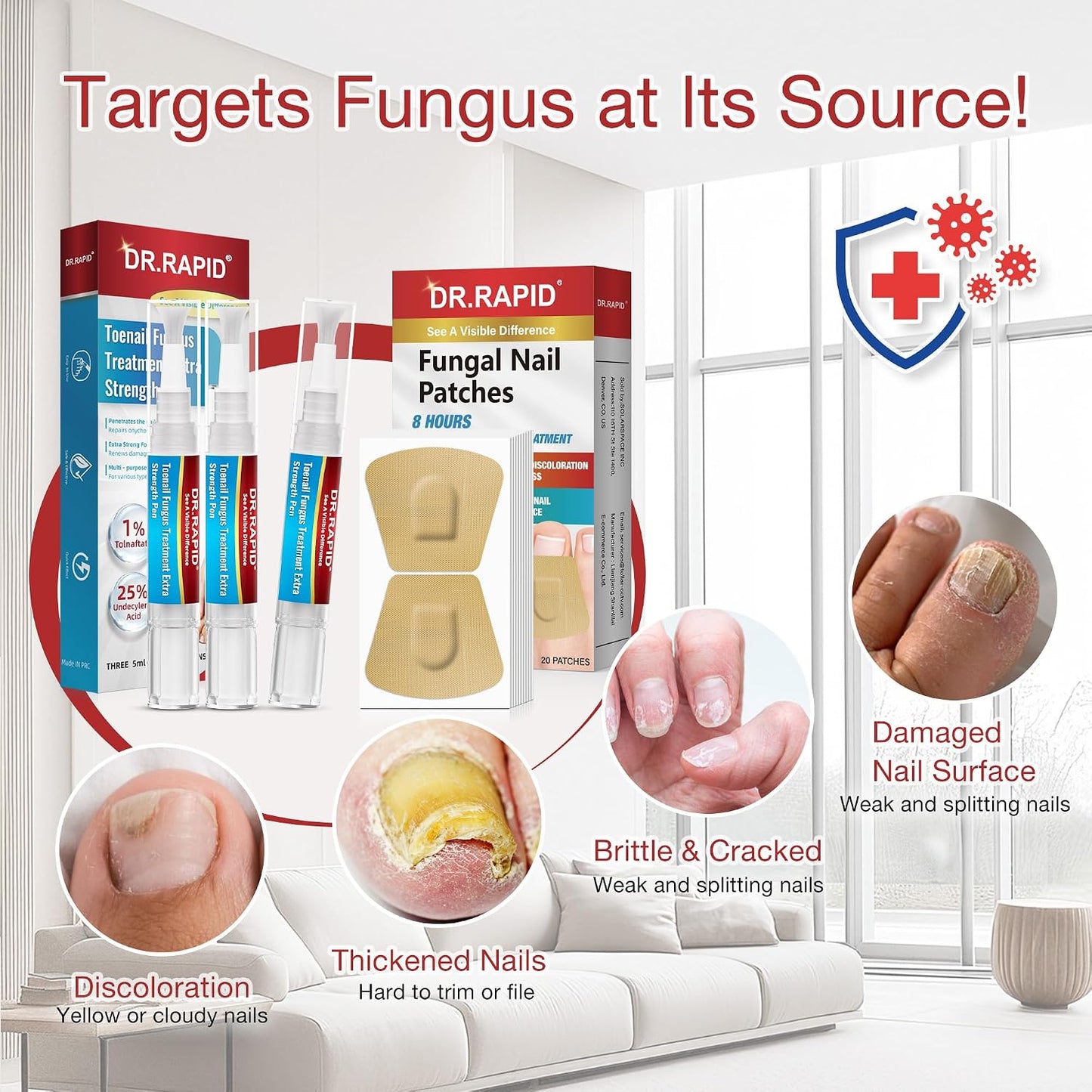 Toenail Fungus Treatment Pen & Fungal Nail Patches Set - Extra Strength Day & Night Care for Damaged Nails