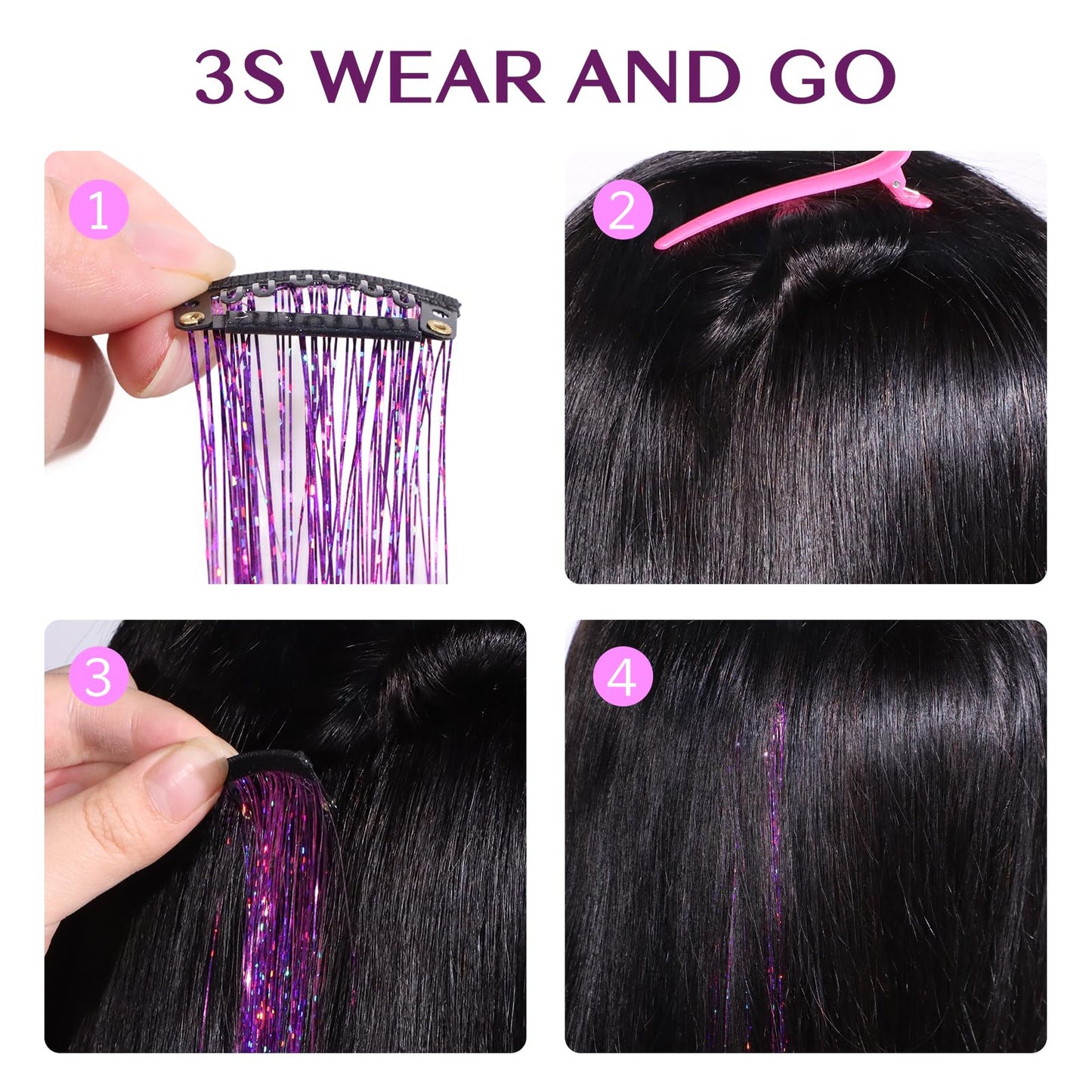IDN BEAUTY Hair Tinsel Clip in, Sparkling Tinsel Hair Extensions 3s Wear and Go for Party Daily Travel Birthday, 24Inch Hair Tinsel Accessories for Girls Women Kids
