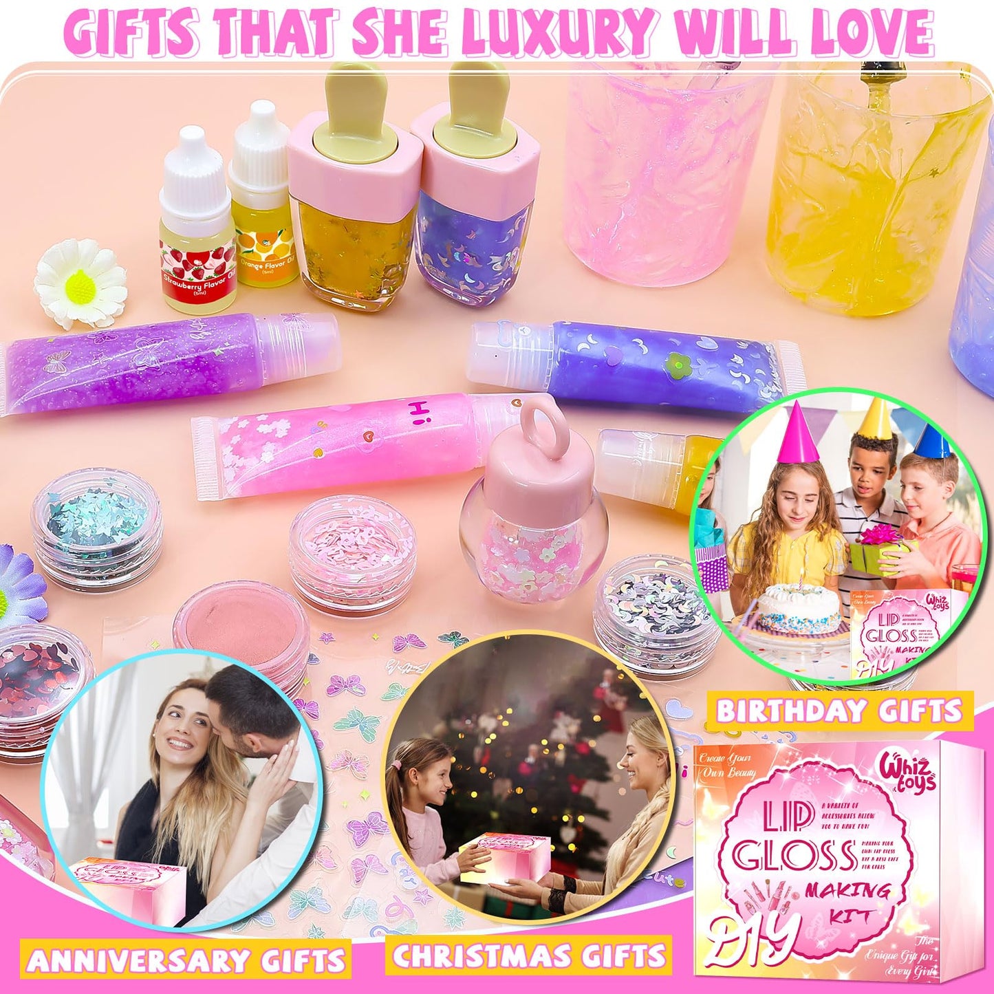 WhizToys 74PCS DIY Lip Gloss Making Kit，Make Your Own Lip Glosses Moisturizing DIY Glaze Handmade Glittery Set for Teens Girls Women Makeup Lover Beginner Birthday Gift