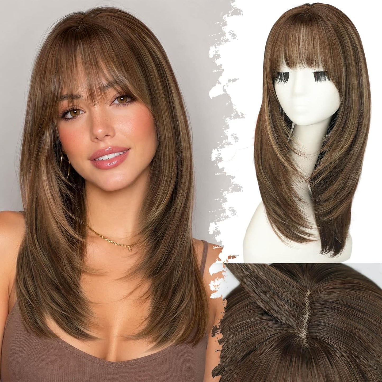 Beginner-Friendly Ash Blonde Wig with Bangs - 4x4 Glueless Synthetic Hair, Medium Length, Face-Framing Layers
