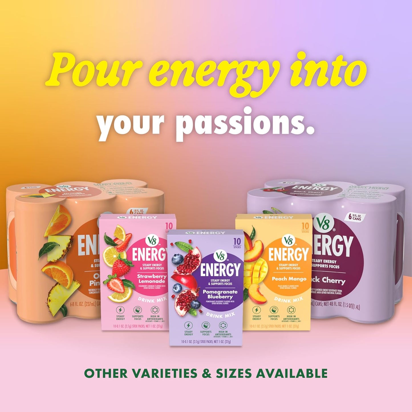 V8 Energy Peach Mango Energy Drink - 8 Fl Oz Can | 24 Pack of Refreshing Energy Boost