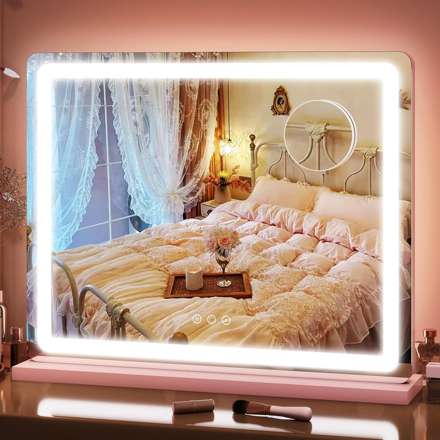 Lighted Makeup Mirror with Smart Touch Control - 12" x 16" LED Vanity Mirror, 3 Color Modes, 10X Magnification, 360° Rotation