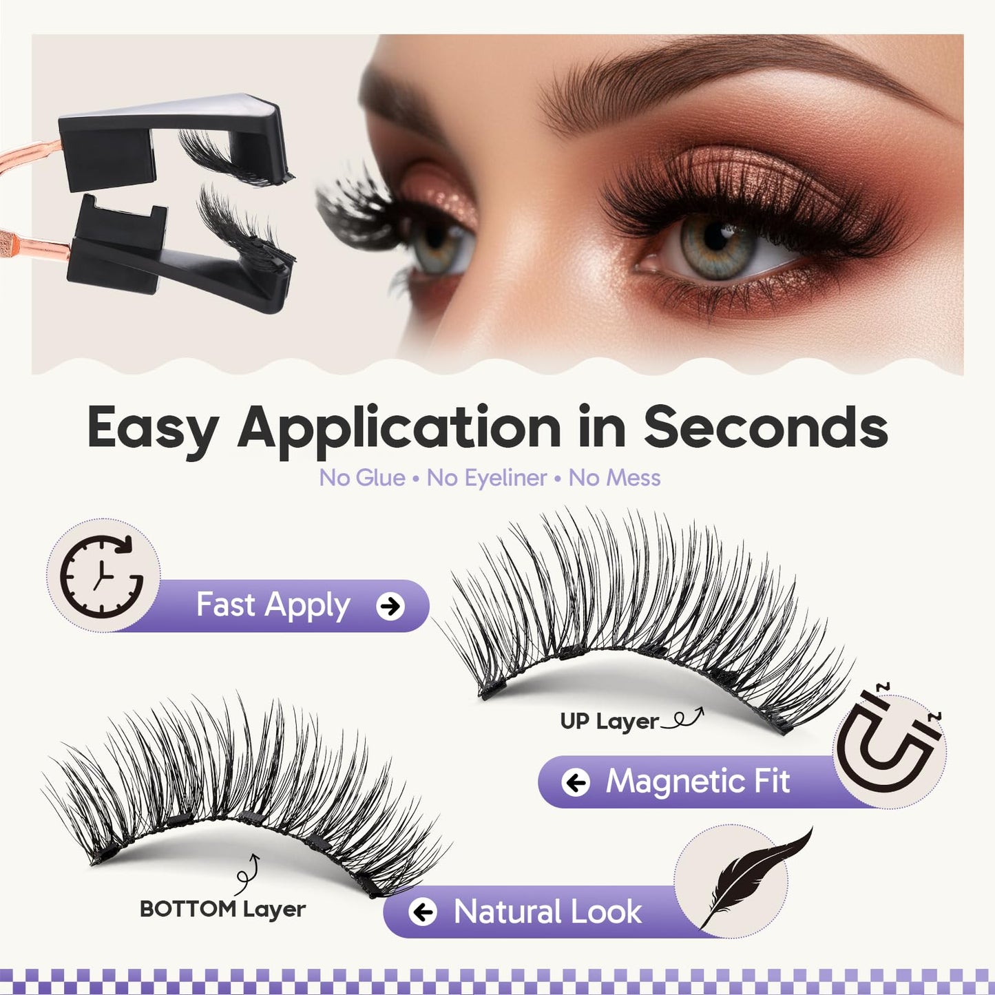Magnetic Eyelashes with Applicator, Natural Wispy Magnetic Lashes 4 Pairs, No Glue Reusable Lash Kit for Beginners, Lightweight & Secure Hold, Black