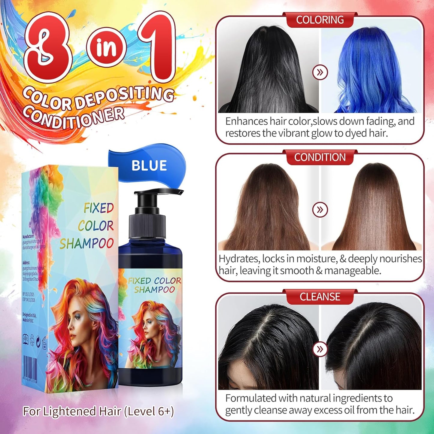 Color Depositing Conditioner - 3-in-1 Vegan Hair Dye for Gloss & Vibrancy | 10.14 Fl. Oz - Blue