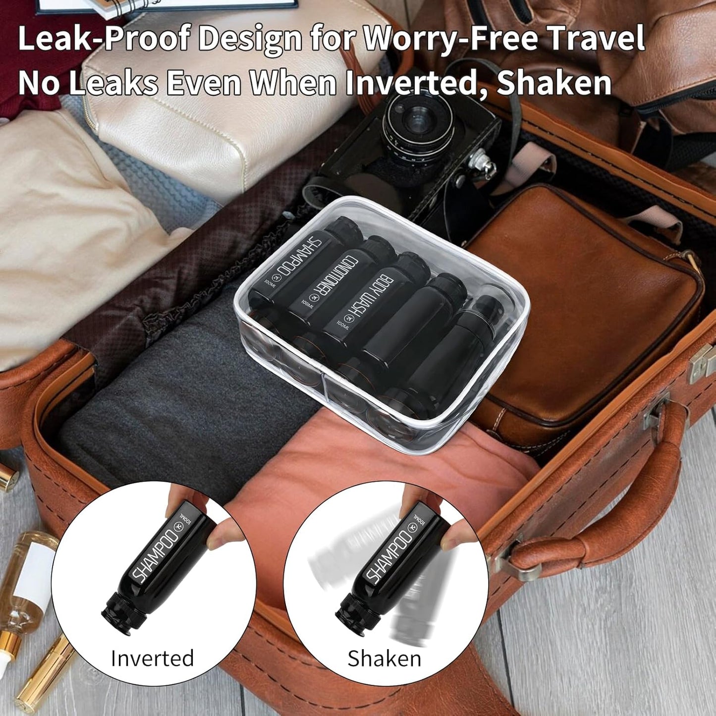 Travel Toiletry Bottles Set - 10PCS Leakproof 100ml/3.4oz & 2oz TSA Approved | Black Refillable Containers