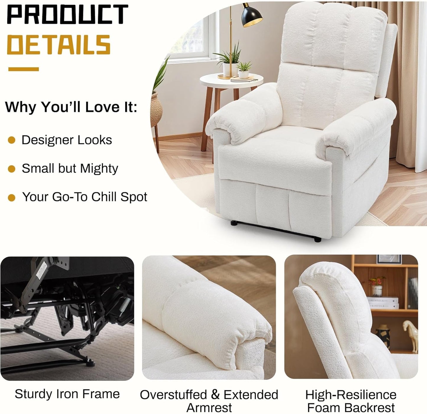 Recliner Chair - Upholstered Manual Recliner for Small Spaces | Modern Chenille Design in Beige with Side Pockets