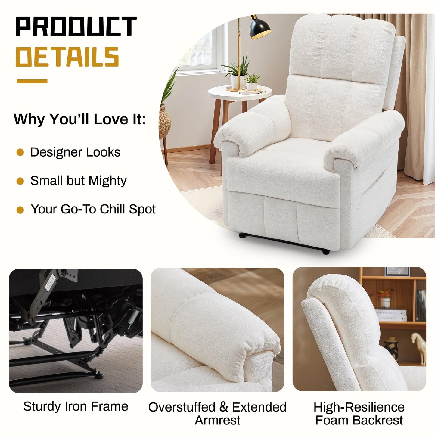 Korser Recliner Chair, Living Room Recliner Chairs for Adults, Small Recliners for Small Spaces, Upholstered Manual Recliner with Side Pockets, Modern Nursery Chair for Living Room, Chenille, Beige
