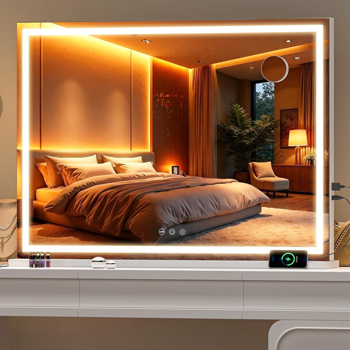 LED Makeup Vanity Mirror with Lights - 32" x 22" | 10X Magnification, Dimmable, Smart Touch, USB Charging