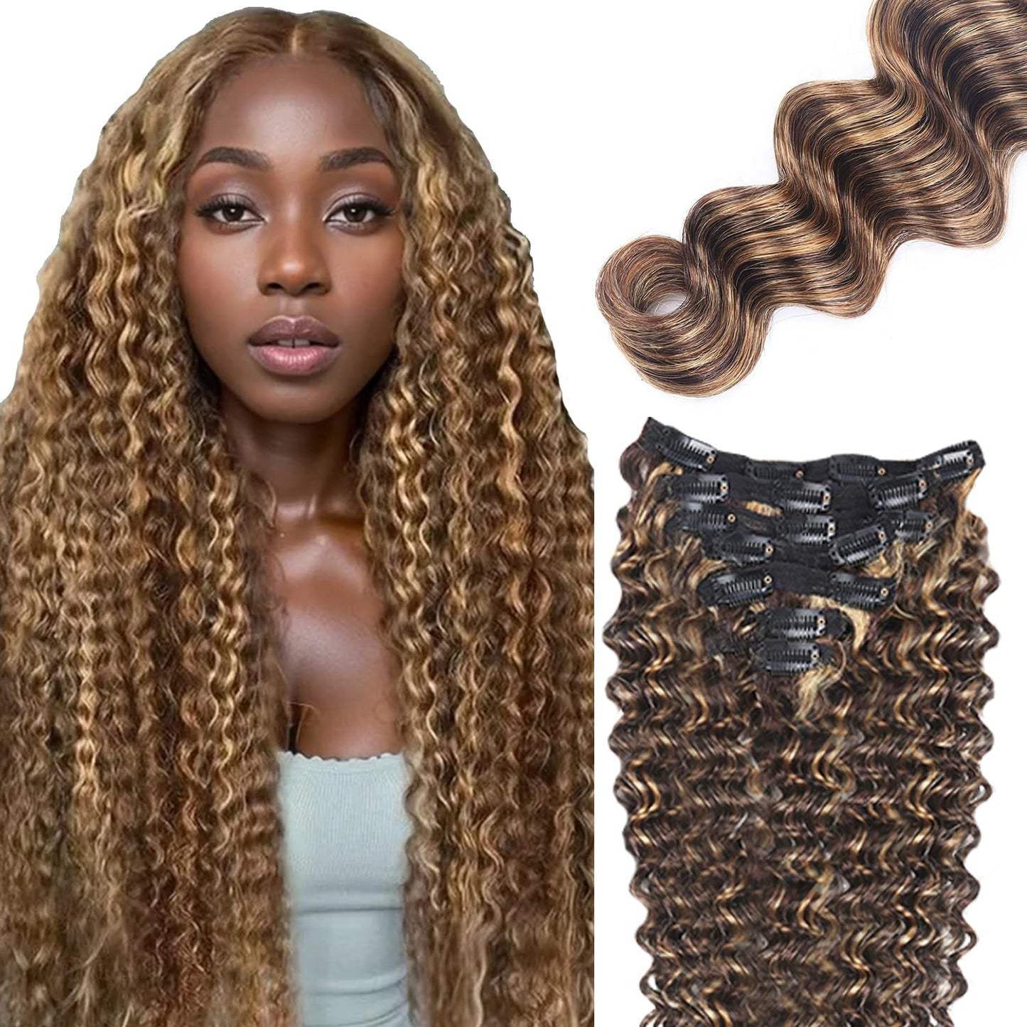 P427 Blonde Clip in Hair Extensions Real Human Hair, 20 Inch 120g/7Pcs,Full Shine Remy Human Hair,Highlight Brown Deep Wave Clip ins Brazilian Virgin Human Hair Extensions