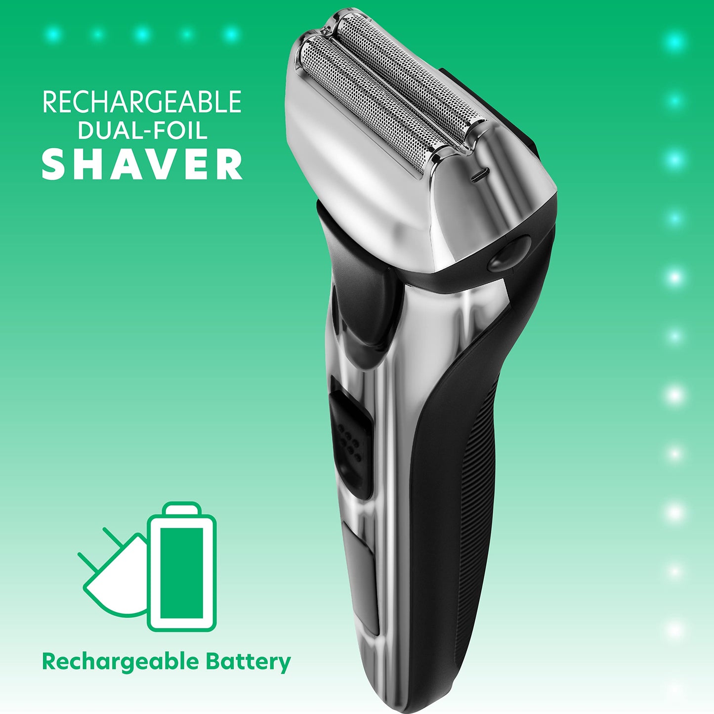ChargeWorx Groom Essentials Dual-Foil Rechargeable Electric Shaver, Cordless, Ergonomic Electric Razor with Pop-Up Beard and Mustache Trimmer for Travel, LED Battery Indicator, Includes Cleaning Brush