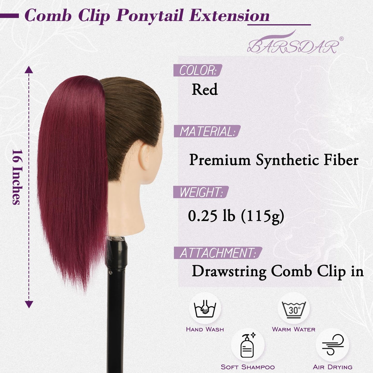 BARSDAR Straight Red Ponytail Extension - 16 Inch Short Straight Red Drawstring Ponytail Extension Natural Soft Synthetic Cheer Posh Pony Tails Hairpieces for Daily Party Cheerleading Competition