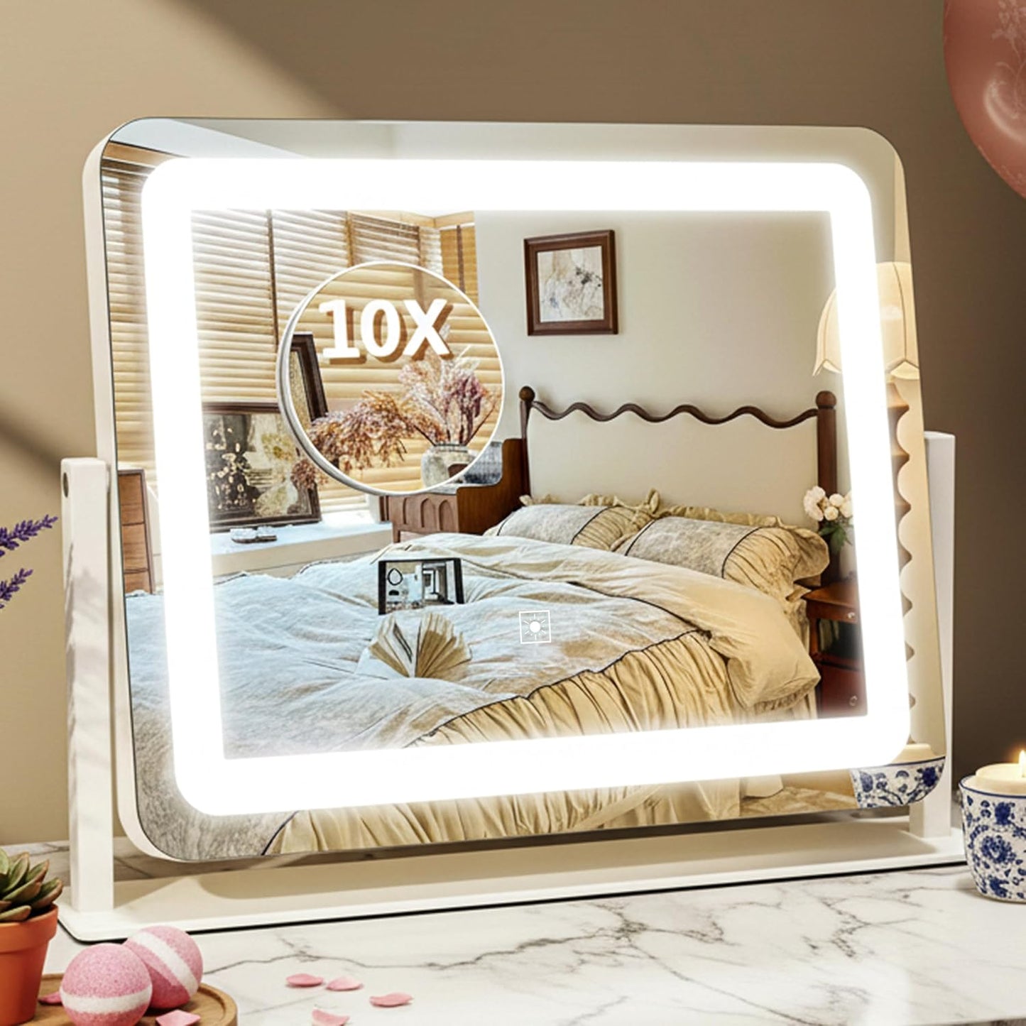 Lighted Vanity Mirror - Dimmable Makeup Mirror with 3 Color Smart Touch Control | 15"x13" HD Glass, 360° Rotation, Aluminum Frame