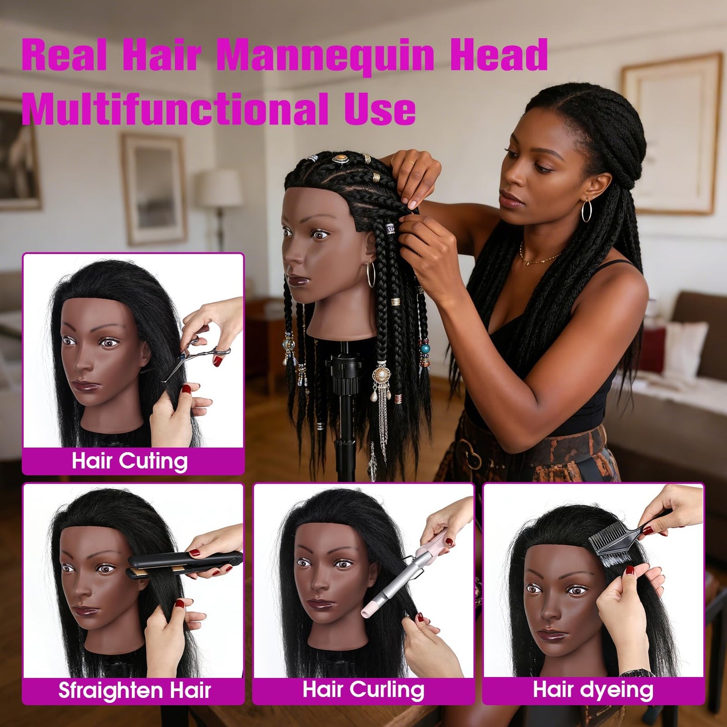 100% Real Hair Mannequin Head,22''Human Hair Mannequin Cosmetology Manikin Doll Head Hair Styling Hairdressing Practice Training Head with Clamp Holder and Tools（Black）