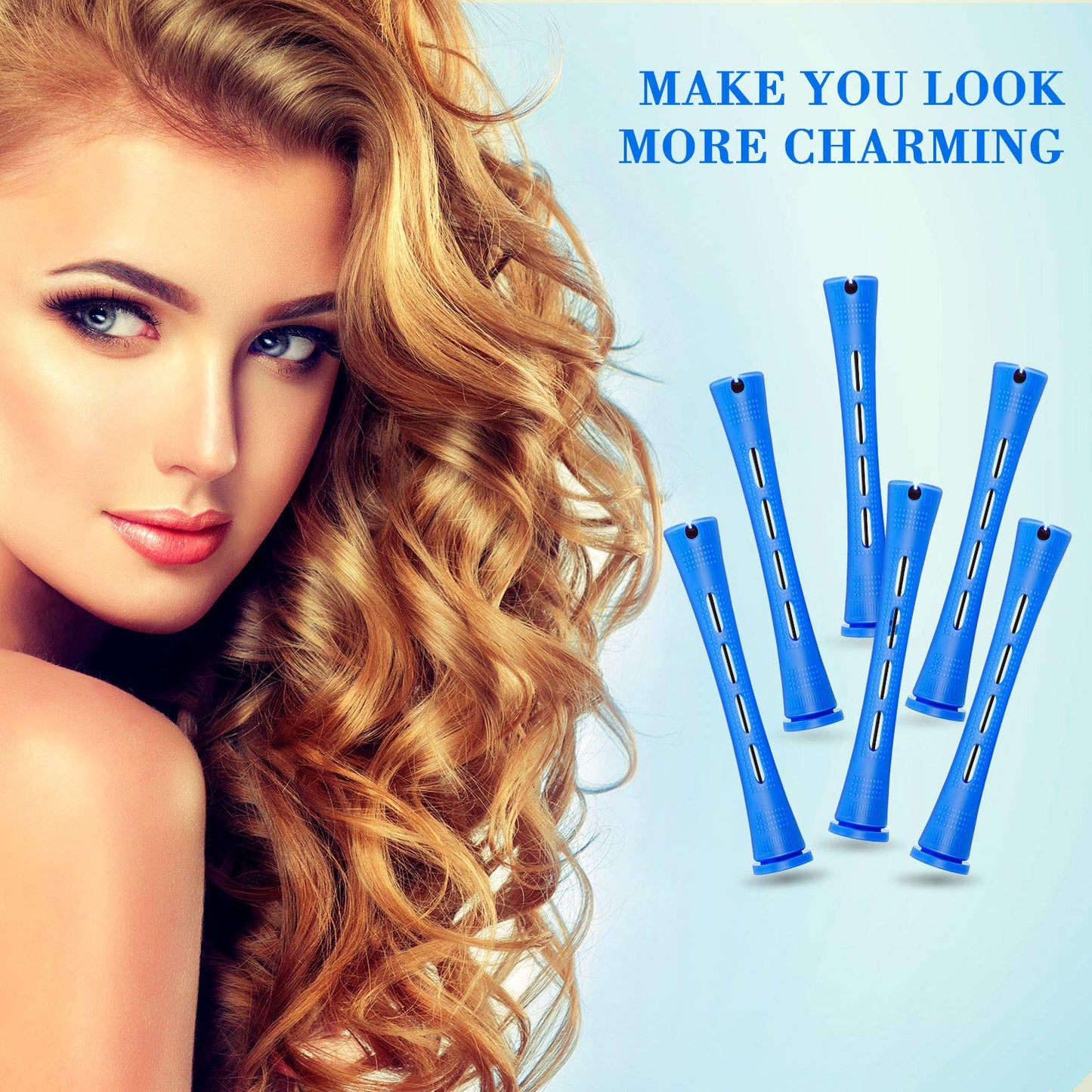 Cold Wave Plastic Curlers - 48 Pieces Hairdressing Set with Steel Pintail Comb | Blue, 0.35 Inch