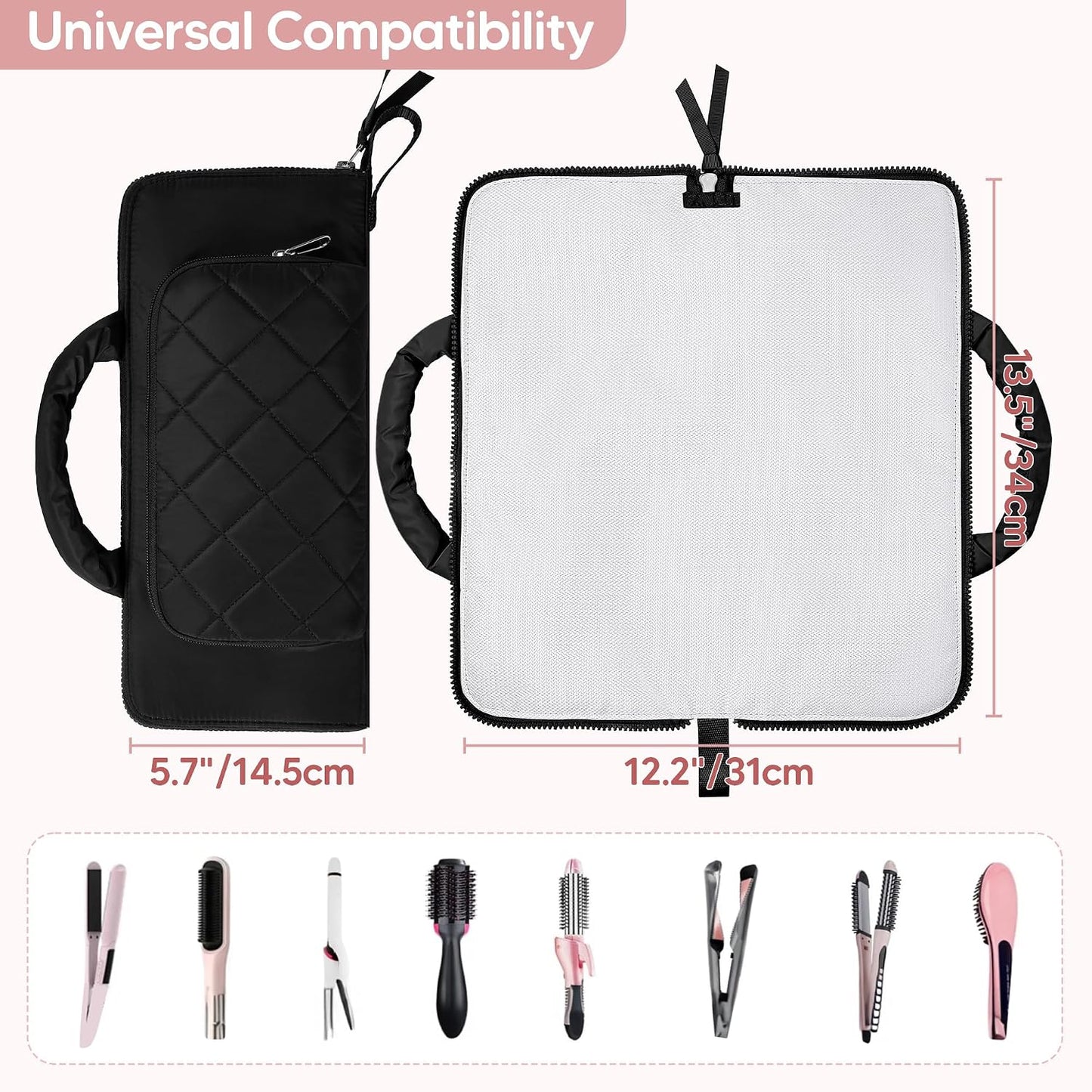 Heat Resistant Mat & Tool Organizer - Curling Iron Travel Bag for Hair Styling Tools | Black