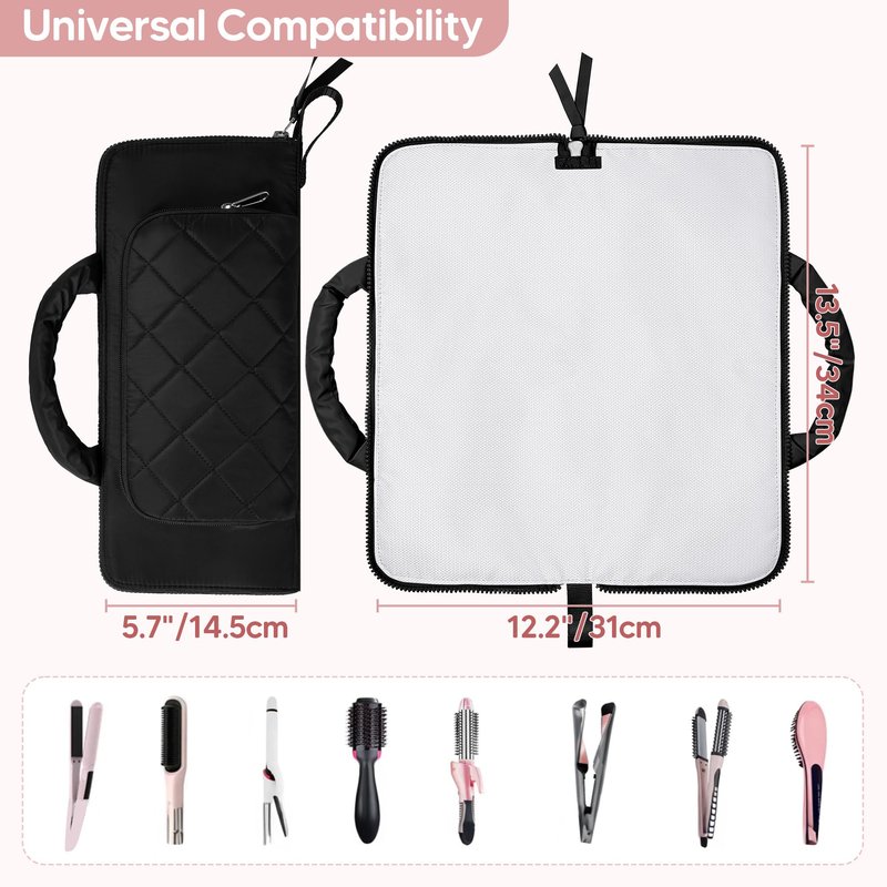 Trahzia Hot Tool Organizer, Heat Resistant Mat, Curling Iron Travel Bag, Hair Styling Tool Storage Case for Hair Straightener, Curling or Flat Iron, Black