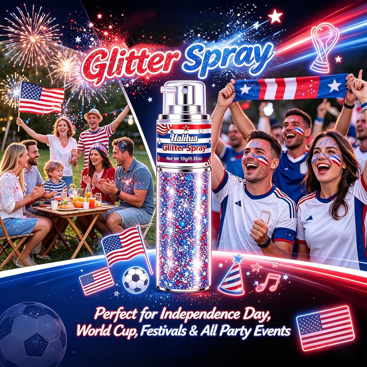 Patriotic Body Glitter Spray - Red, White & Blue Shimmer for 4th of July | Face, Hair & Nail Art Accessory