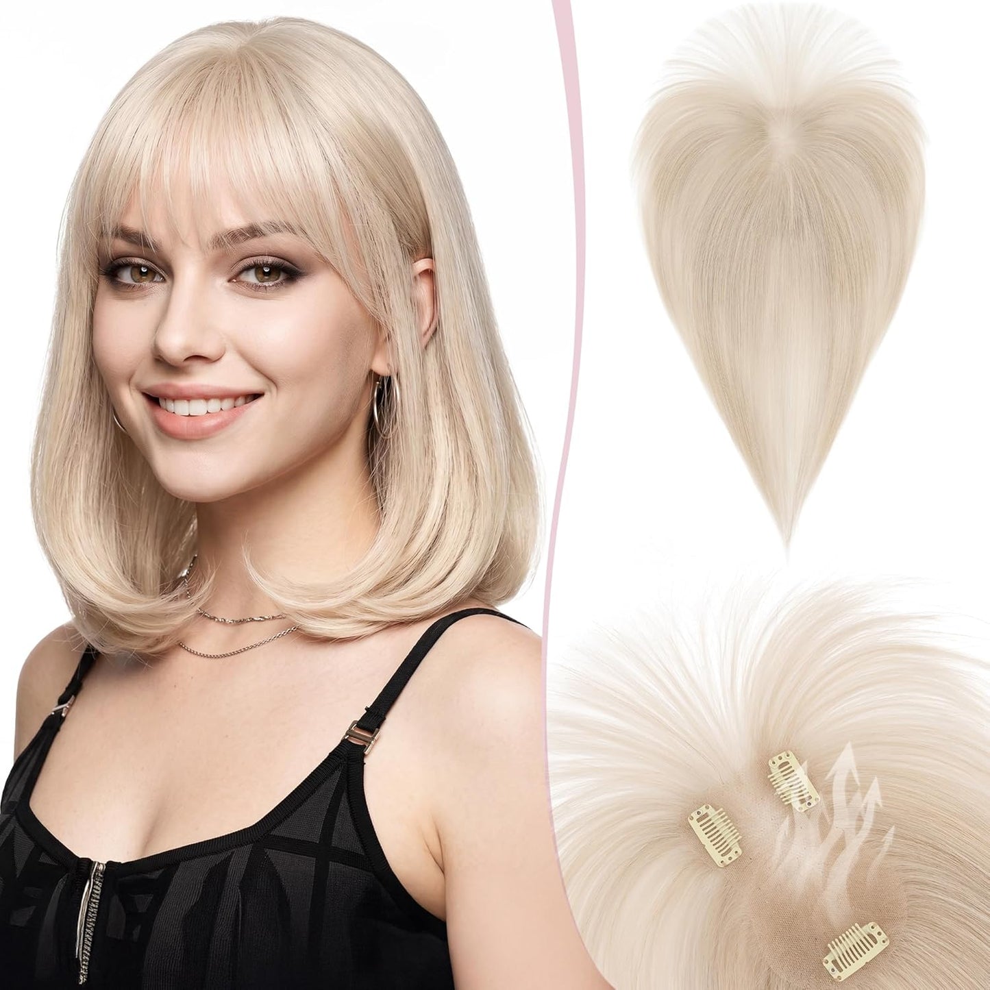 Real Human Hair Toppers for Women - Hand-Tied Clip-In Hairpieces with Side Bangs | 11-Inch Dark Brown