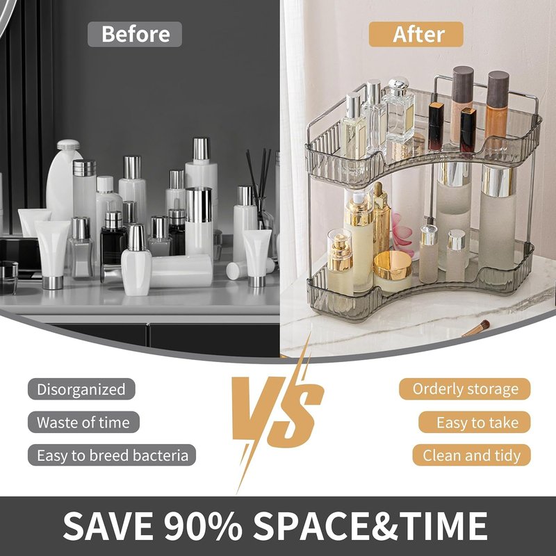Corner Bathroom Counter Organizer - 3-Tier Makeup & Skincare Tray | Smoky Gray