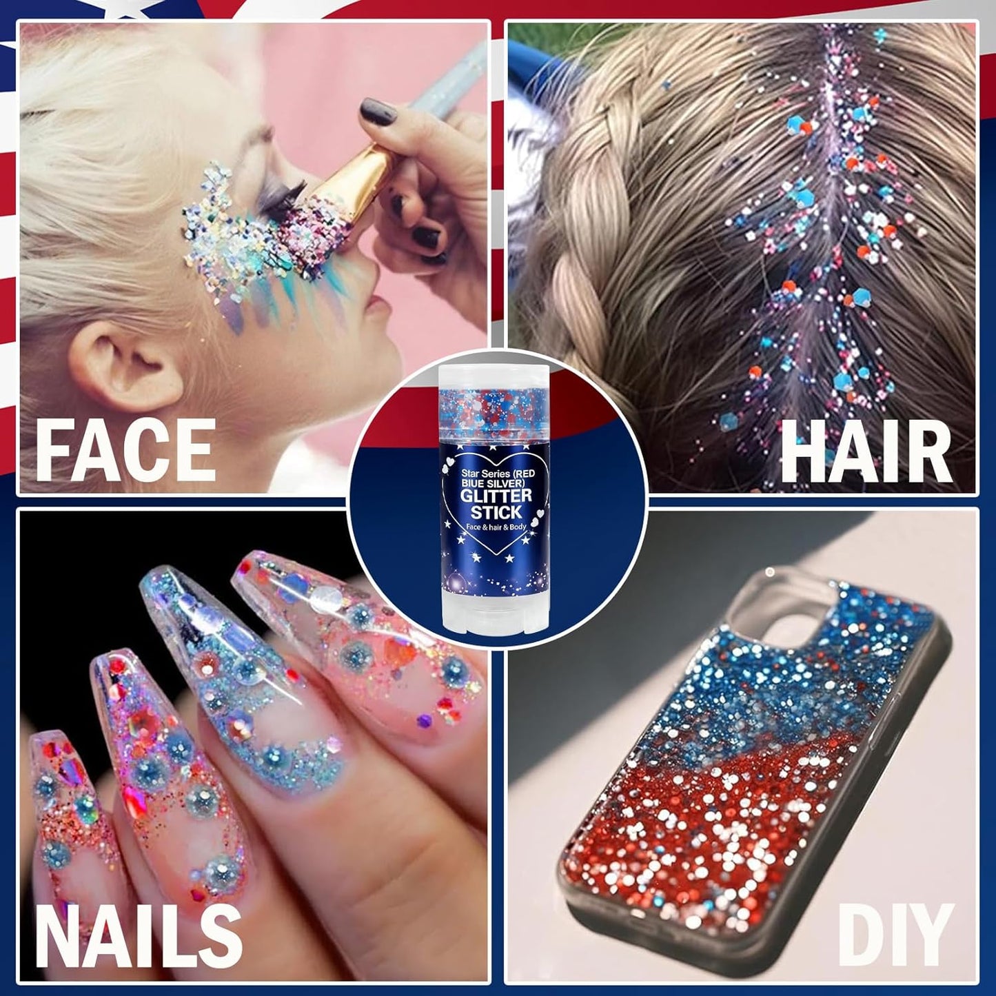 Patriotic Red White and Blue Glitter Stick - USA Flag Body Makeup for 4th of July | Perfect for Independence Day Celebrations