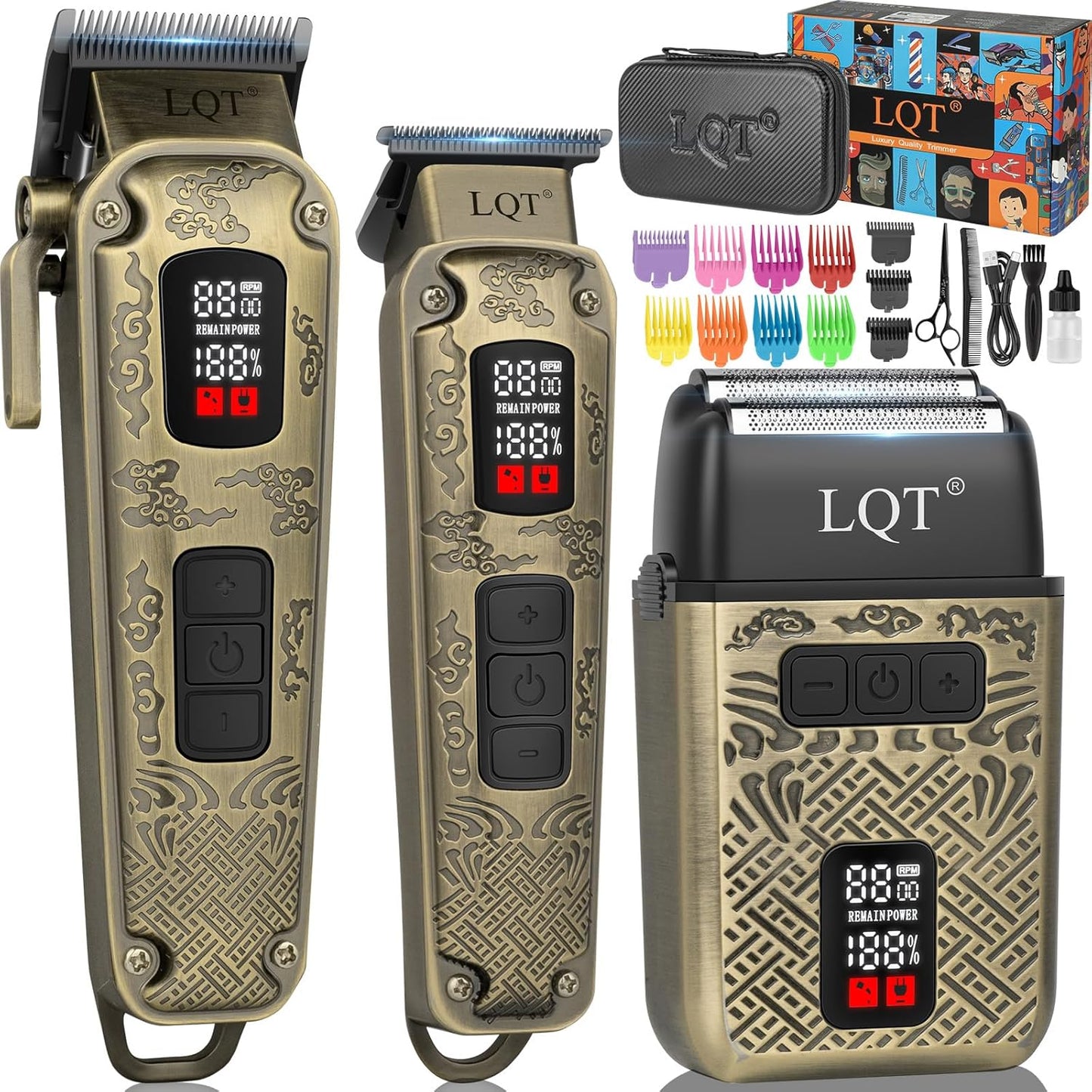 Professional Hair Clippers & Trimmers Set - Waterproof Cordless Electric Clipper with 3-Speed Beard Trimmer | Bronze Finish for Men & Barbers