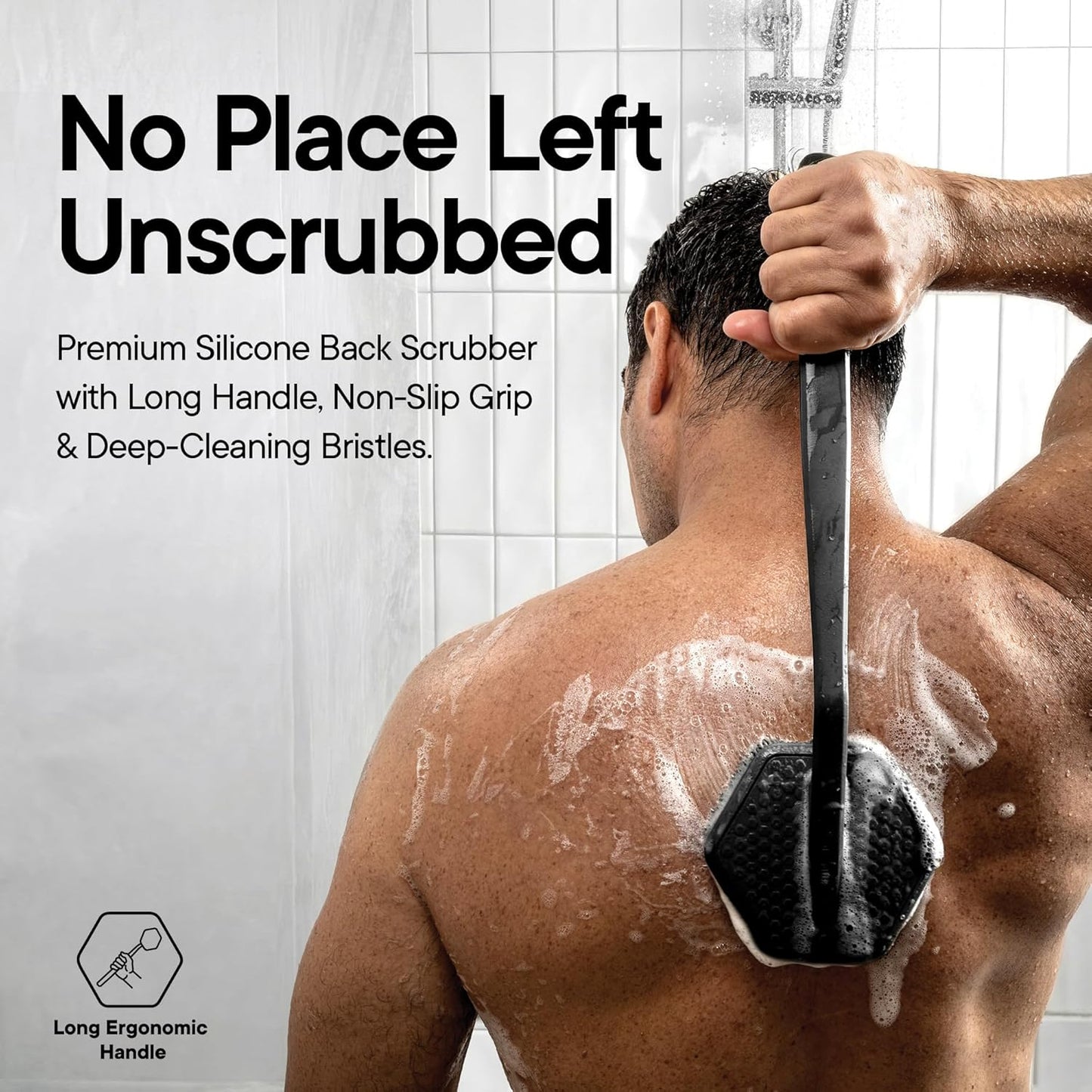 Silicone Back Scrubber - Exfoliating Bath Brush with Long Ergonomic Handle & Non-Slip Grip | Charcoal