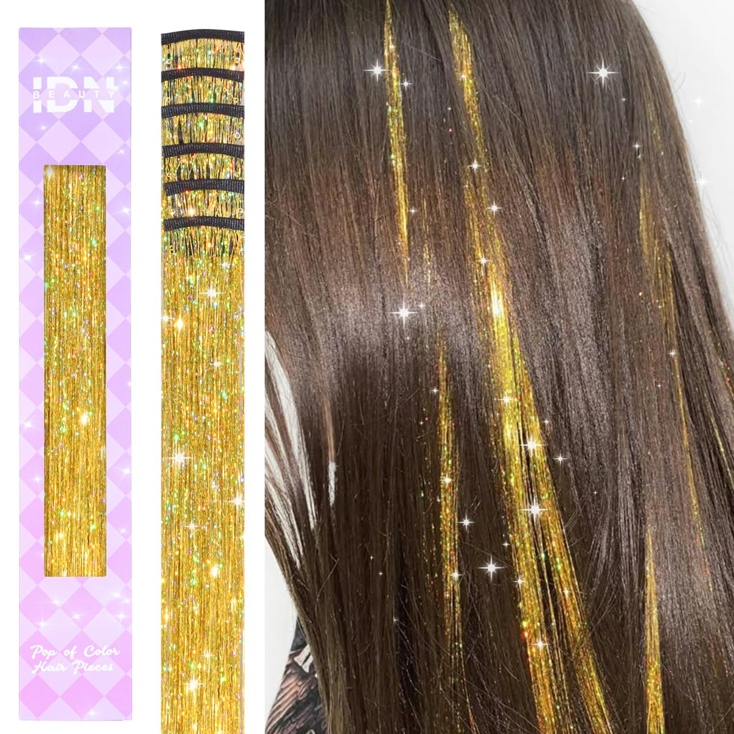 IDN BEAUTY Hair Tinsel Clip In Gold Sparkle Hair Extensions 24 Inch 6pcs